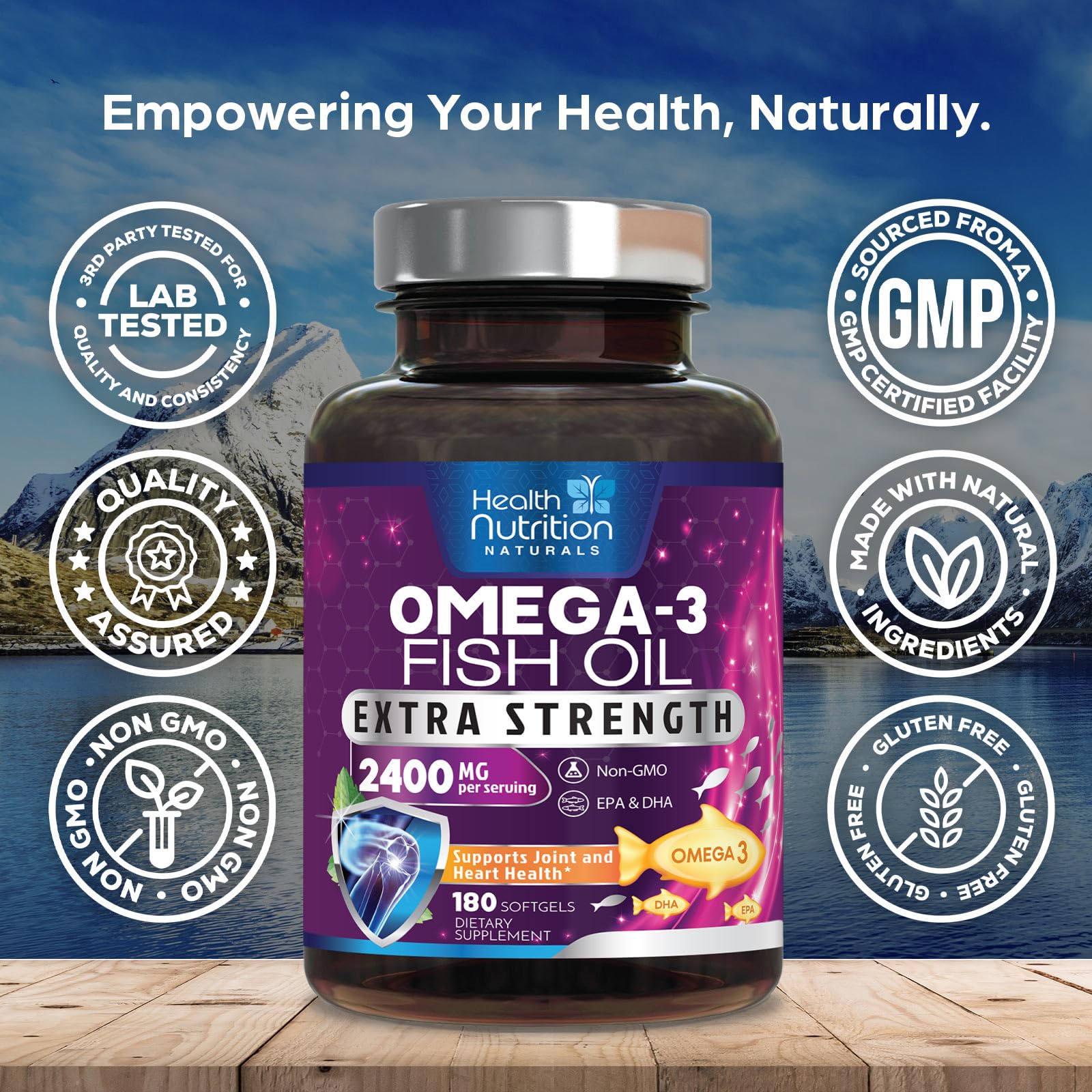 Omega 3 Fish Oil 2400 mg - Triple Strength Omega3, EPA & DHA Fatty Acids Supplement - Natural Support for Immune, Heart & Brain Health - Wild Caught, Non-GMO, Lemon Flavor, Burpless - 180 Softgels - Medaid International