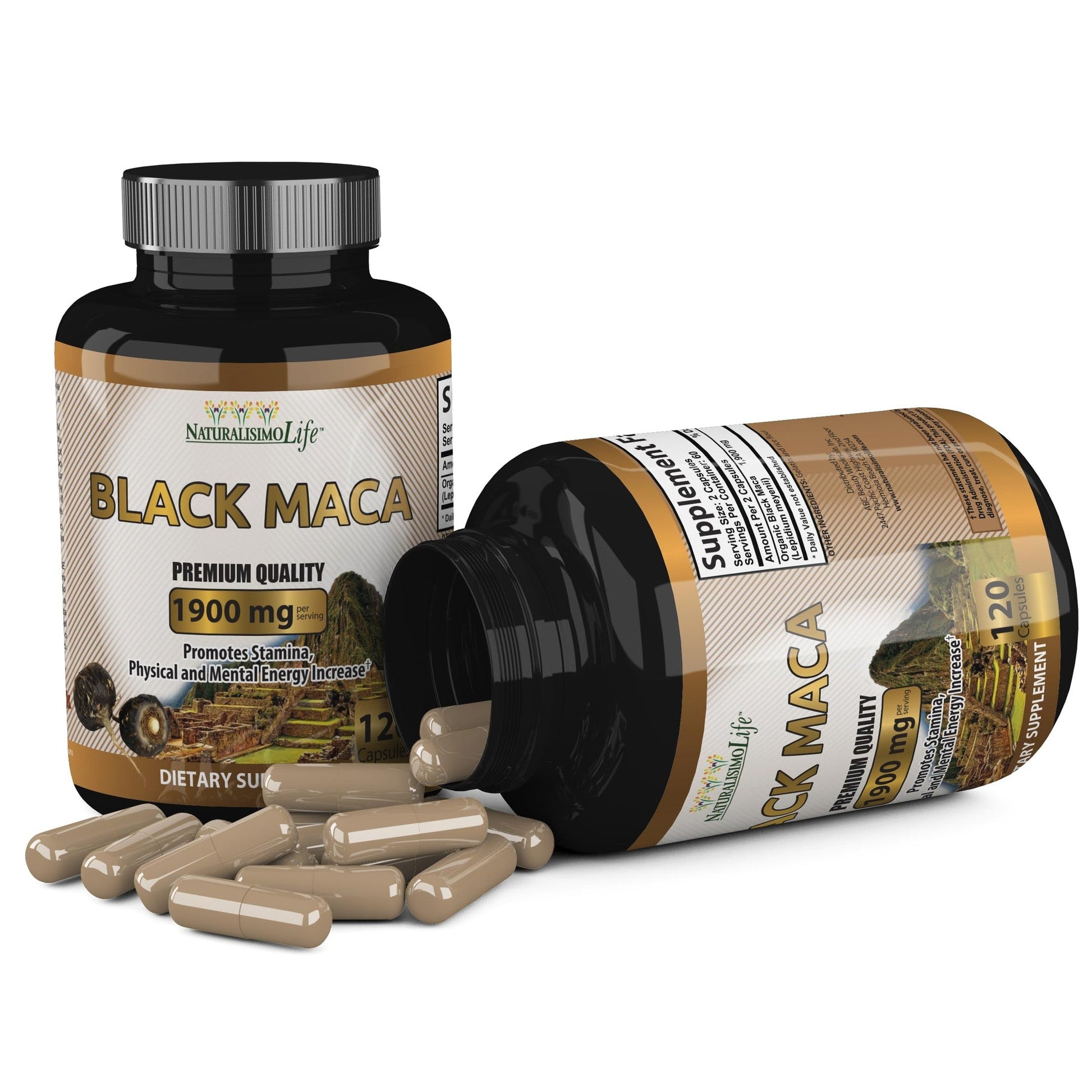 Organic Black Maca 1,900 mg per Serving Natural Energy Booster Peruvian Maca for Men & Women 120 Capsules - Medaid International