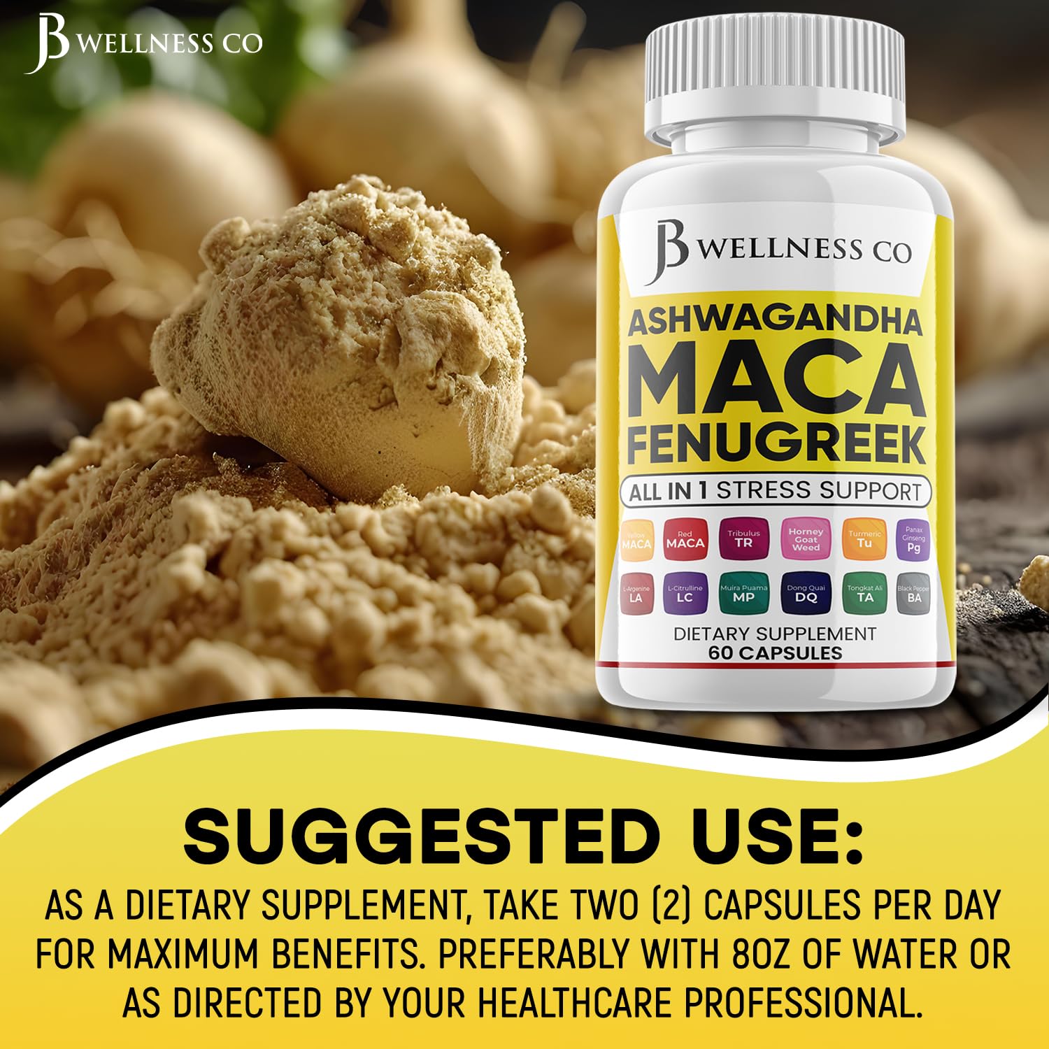 JB WELLNESS CO Ashwagandha Maca Root Fenugreek Supplement with Tongkat Ali Ginseng - Assists with Mood & Thyroid Health - Made in USA - 120 Count - Medaid International