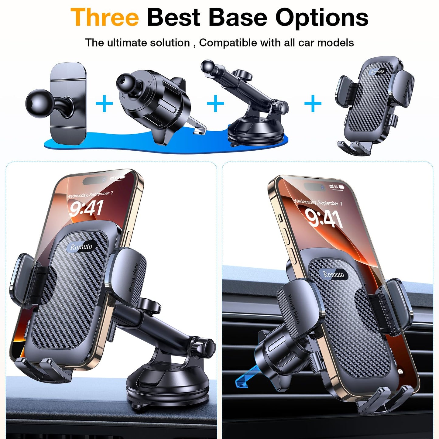 Romuto Car Phone Holder Mount【2025 Strongest Suction】Phone Mount for Car Cell Phone Holders for Your Car Accessories for Women Men Dashboard/Windshield/Vent/Wall Mounts Truck Stand for iPhone Samsung - Medaid International