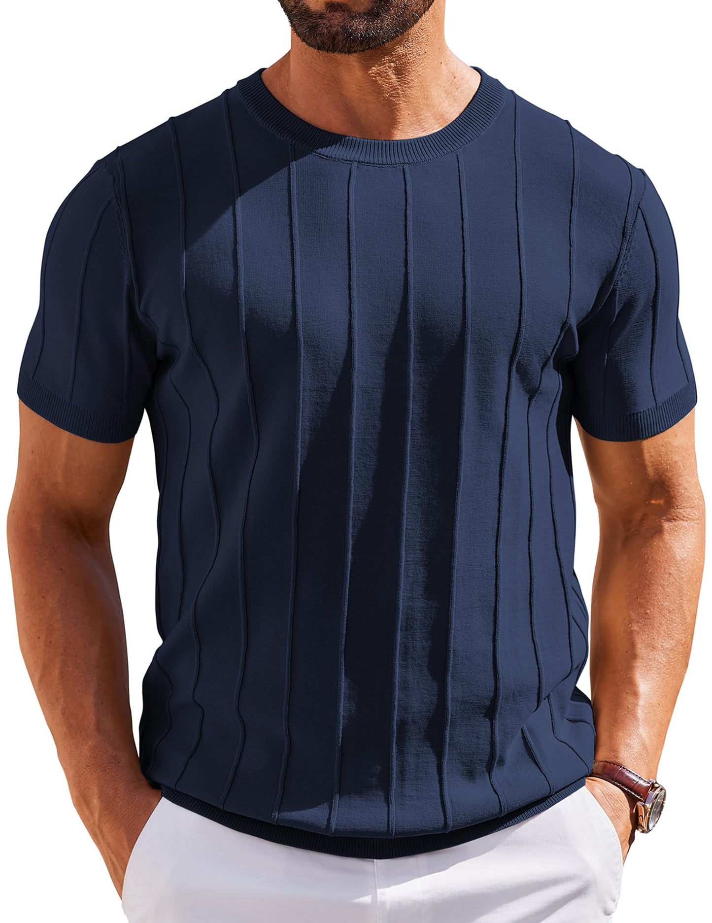 COOFANDY Mens Shirts Casual Short Sleeve Crewneck Sweater Knitted T Shirts Formal Summer Shirts Navy Blue - Medaid International
