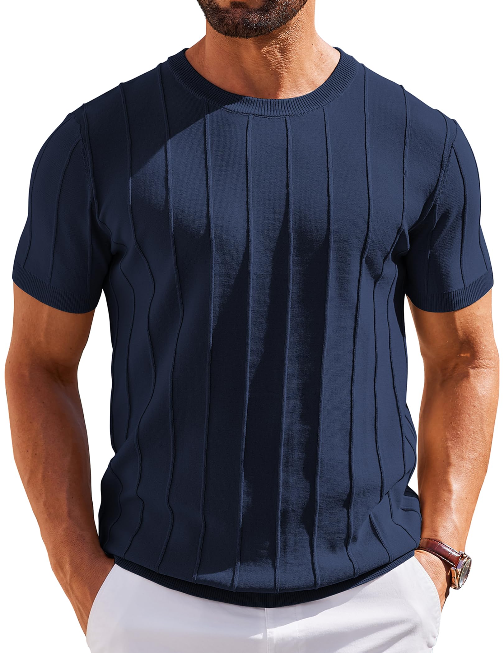 COOFANDY Mens Shirts Casual Short Sleeve Crewneck Sweater Knitted T Shirts Formal Summer Shirts Navy Blue - Medaid International
