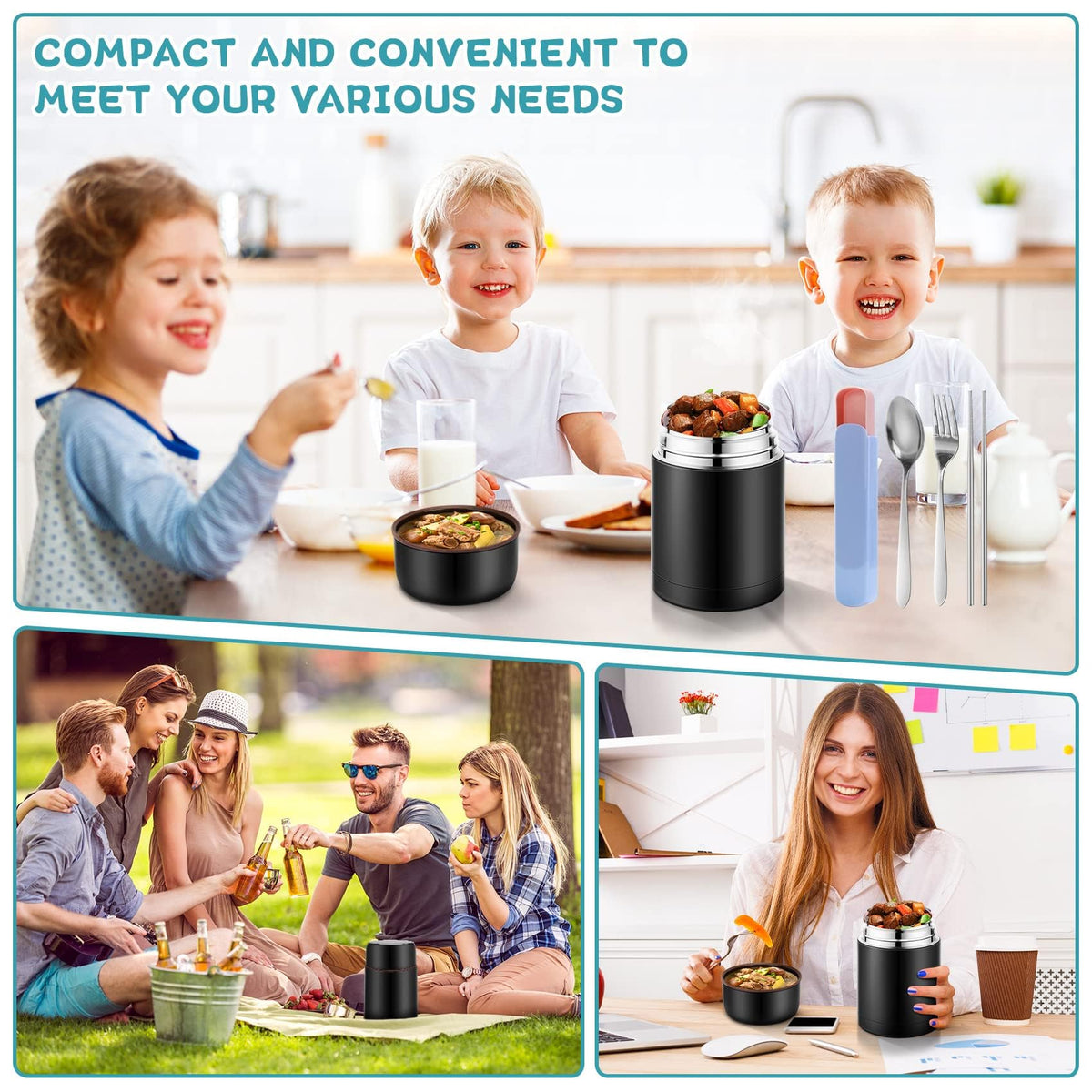 TERRIFI 27oz Vacuum Insulated Stainless Steel Food Jar - Perfect for Hot or Cold Lunches Stay Fresh, Leak-Proof Soup Containers, Complete with Cutlery Bag in Sleek Black