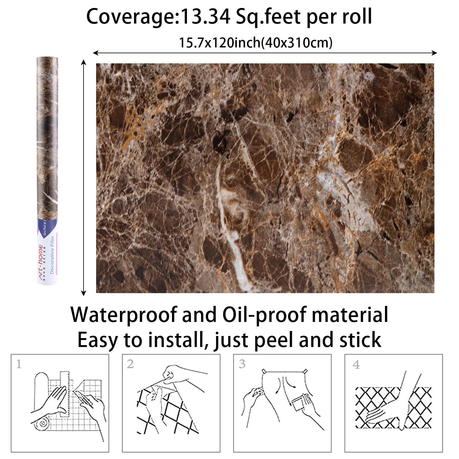 Arthome Brown Marble Paper,15.7x122 inch Self Adhesive Wallpaper Waterproof PVC Vinyl, Oil Proof, Vinyl Paper for Furniture Cover Surface,Countertop,Kitchen,Shelf Liner - Medaid International