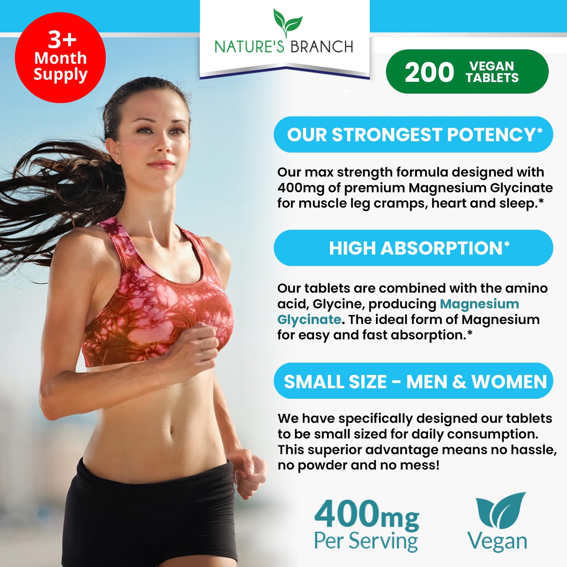 Magnesium Glycinate 400 mg - 200 Tablets - High Absorption, Non Buffered Bisglycinate Mag Supplement for Sleep, Leg Cramps, Heart, Ease Muscles, Calm Headaches for Women and Men, Non Powder Capsules - Medaid International