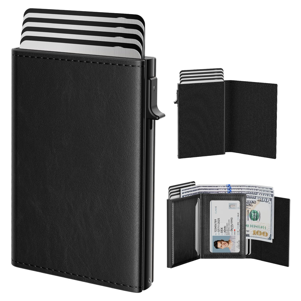KASTWAVE Mens Wallet Card Holder - Pop Up Card Case, Top Grain Leather, RFID Blocking, Slim, Minimalist, Ultra-Thin, Front Pocket, 12 Card Capacity | ID Window | Cash Slot（Carbon Fiber Black）