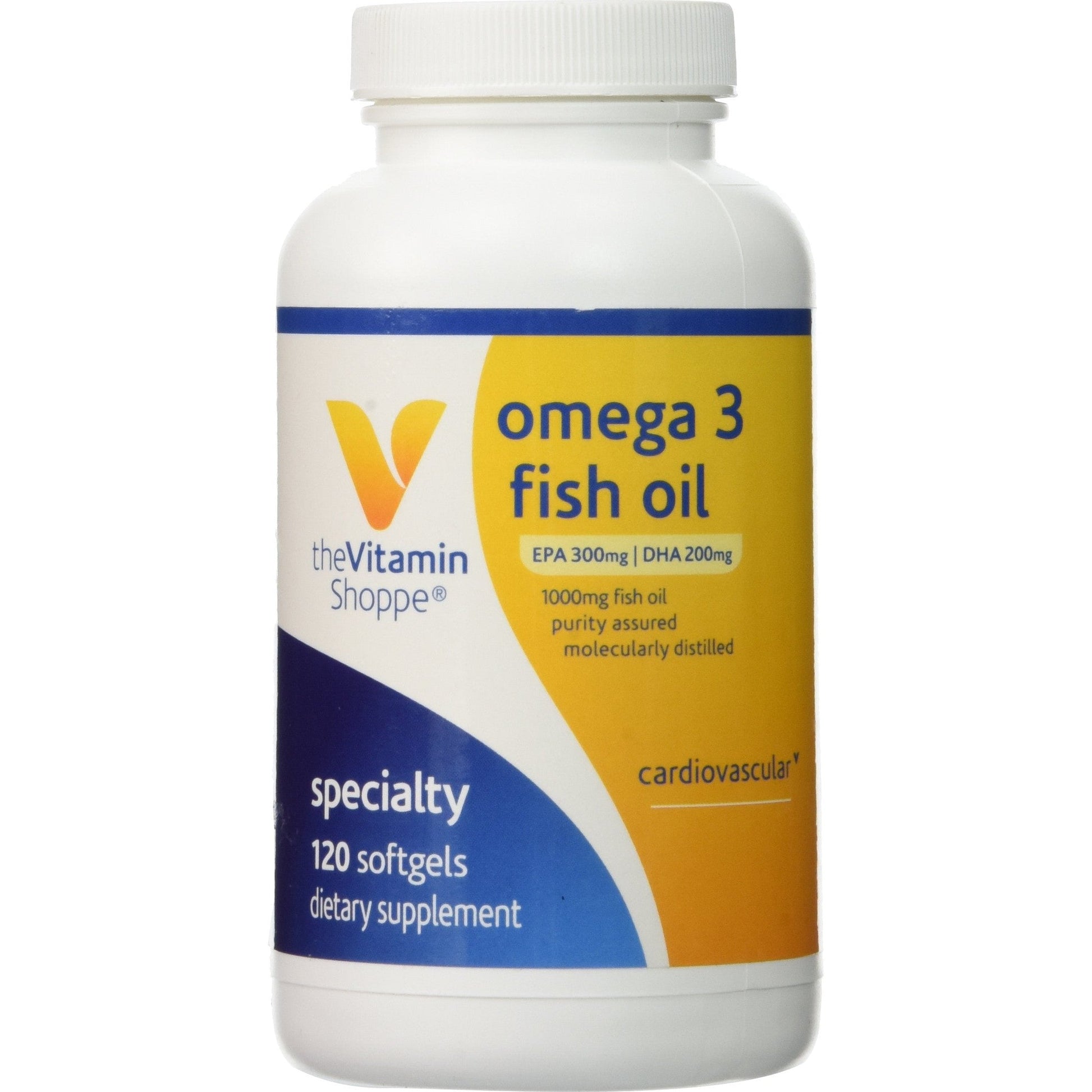 The Vitamin Shoppe Omega 3 Fish Oil 1000mg, EPA 300mg & DHA 200mg, Purity Assured, Molecularly Distilled to Support Cardiovascular, Joint and Brain Health (120 Softgels) - Medaid International