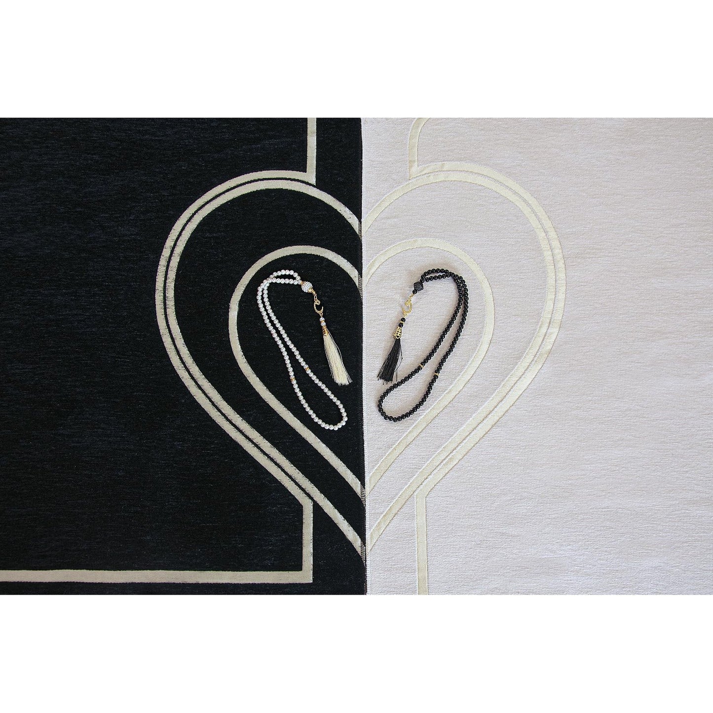 ihvan online, Muslim Prayer Rug for Couples, Praying Mat Set for Women & Men, Heart Patterned, Soft, Prayer Beads, Islamic Gifts for Ramadan Eid Valentines Day, Two Pieces, White-Black - Medaid International
