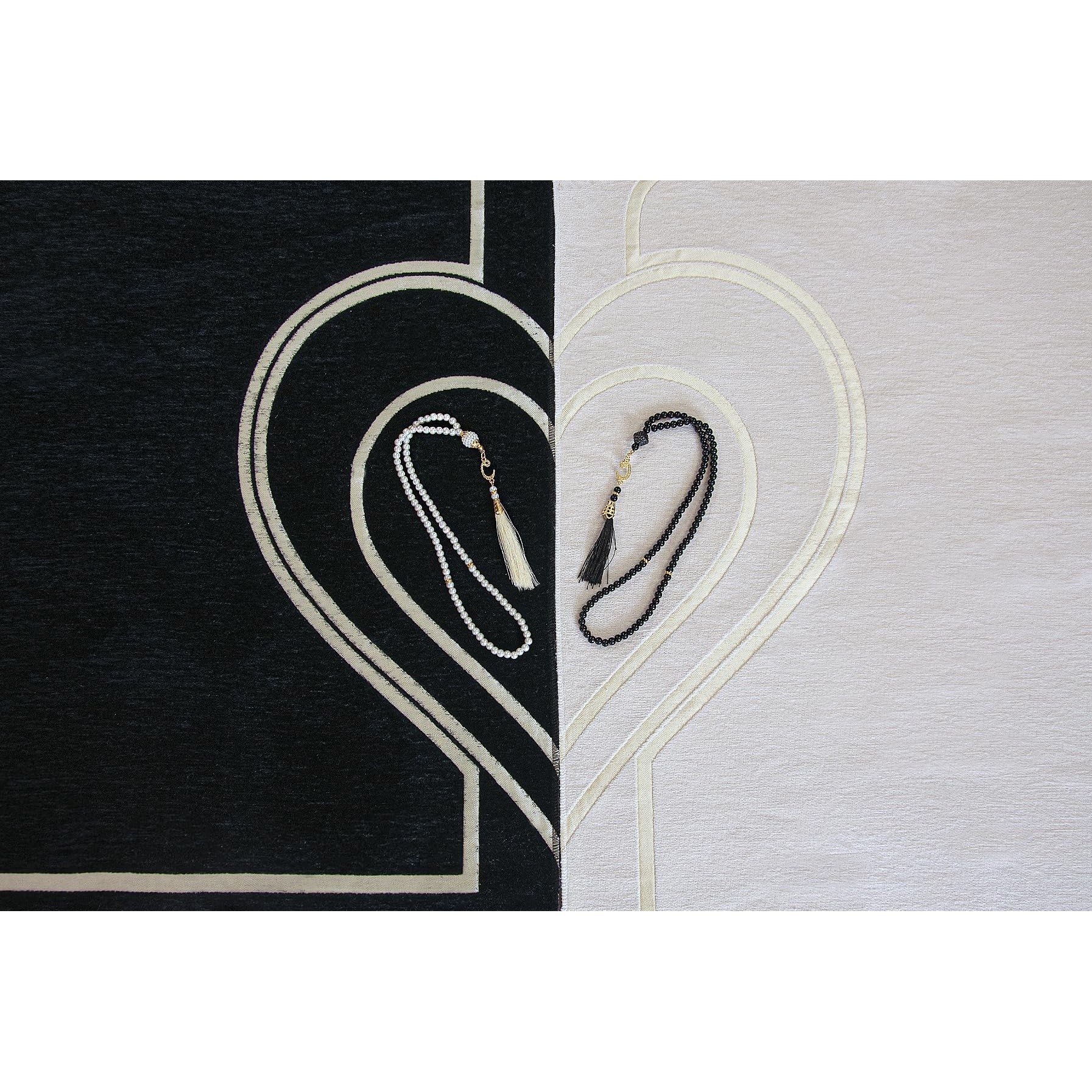 ihvan online, Muslim Prayer Rug for Couples, Praying Mat Set for Women & Men, Heart Patterned, Soft, Prayer Beads, Islamic Gifts for Ramadan Eid Valentines Day, Two Pieces, White-Black - Medaid International