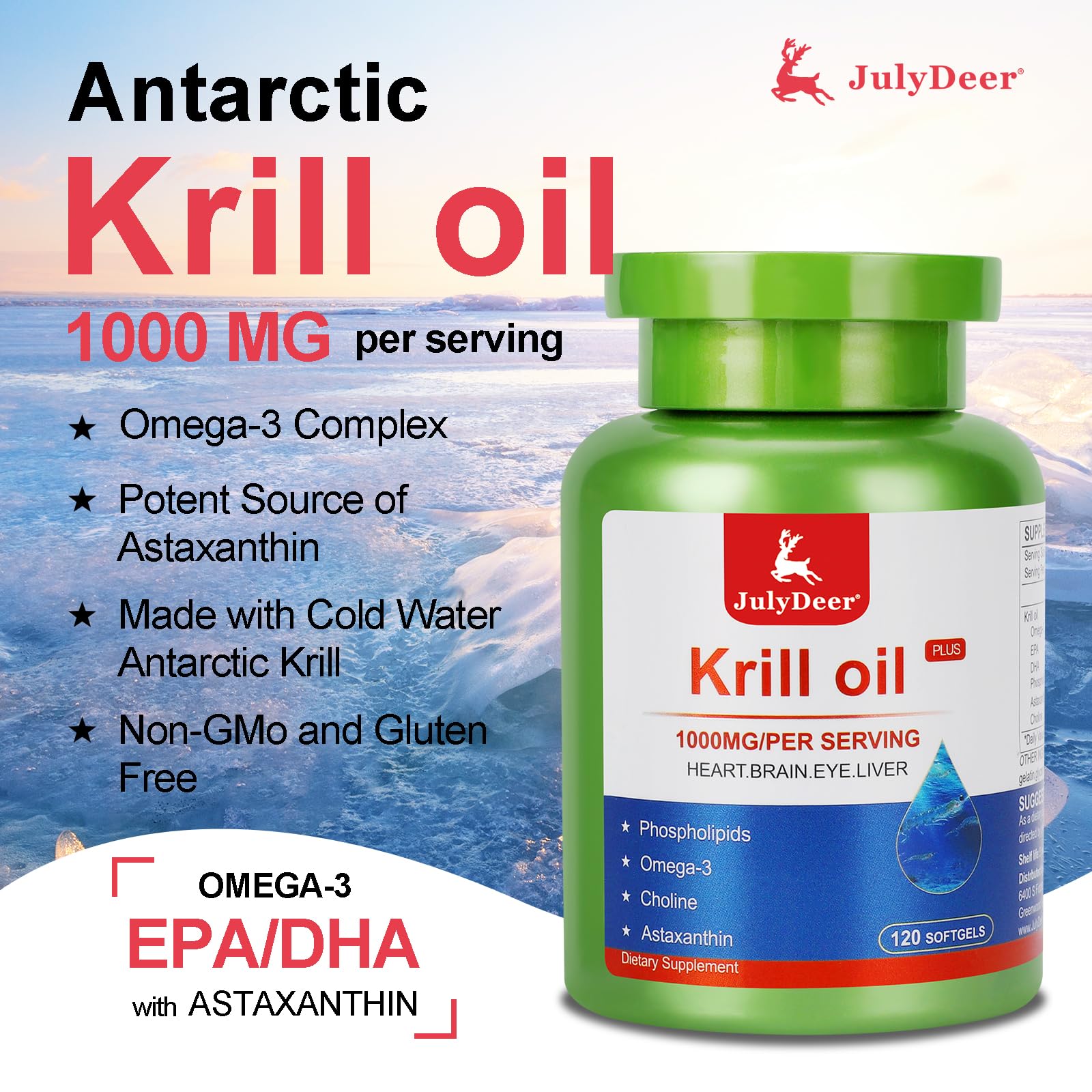 JulyDeer Krill Oil 1000 mg with Omega-3s EPA, DHA, Astaxanthin and Phospholipids 120 Softgels Supplement, Antarctic Krill No Fishy Aftertaste for Joint, Heart, Brain and Immunity - Medaid International