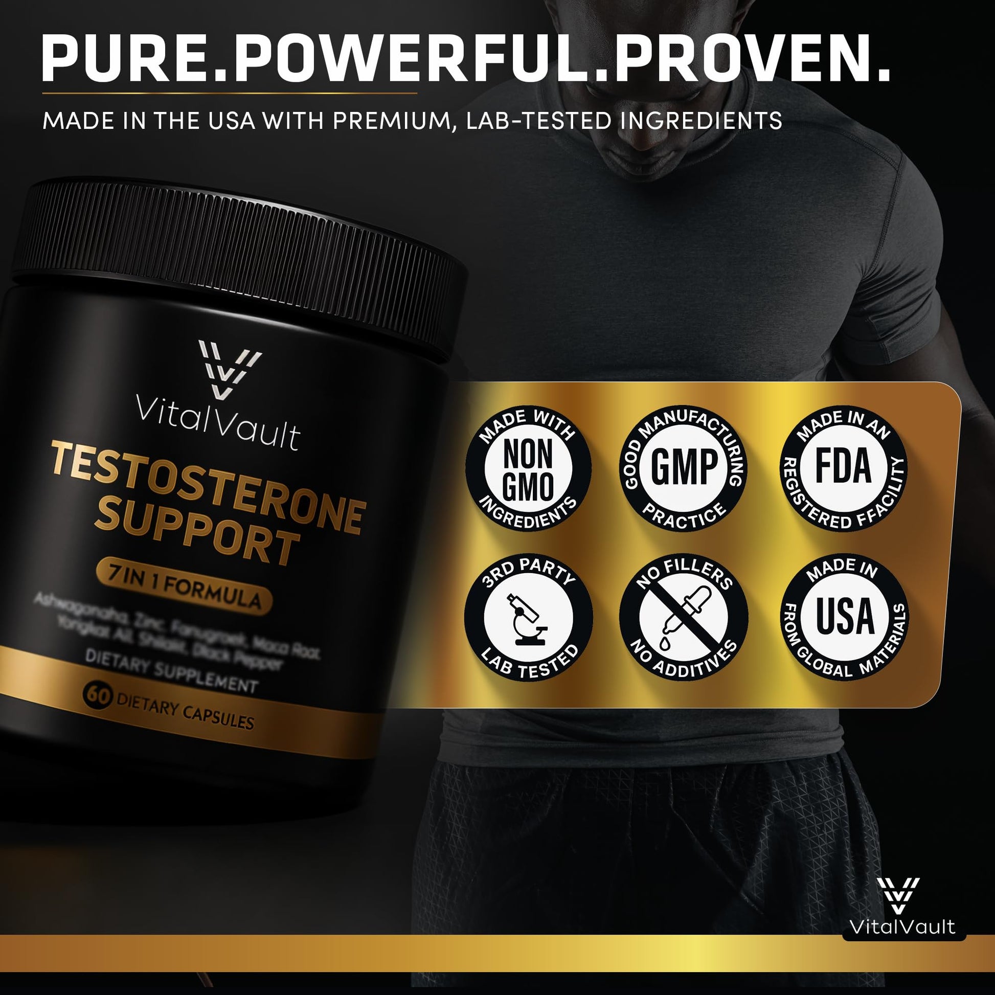 VitalVault 7-in-1 Testosterone & Strength Support - Natural Supplement for Men with Ashwaganda, Shilajit, Fenugreek, Maca Root, Tongkat Ali, Black Pepper & Zinc - 1 Month Supply (60 caps) - Medaid International