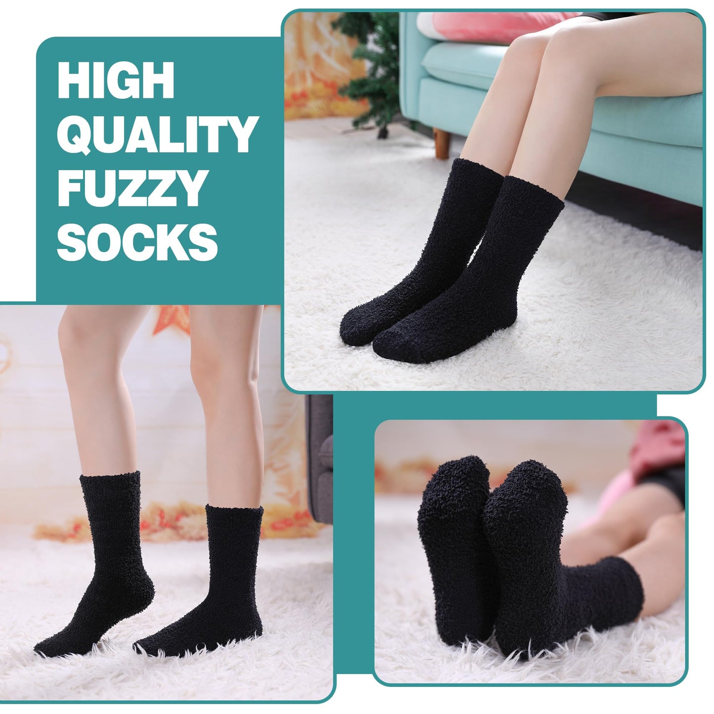 POEATEZO Womens Fuzzy Socks Cozy Fluffy Winter Cabin Slipper Warm Soft Microfiber Plush Home Sleeping Socks (5 Pairs Classic Black) - Medaid International
