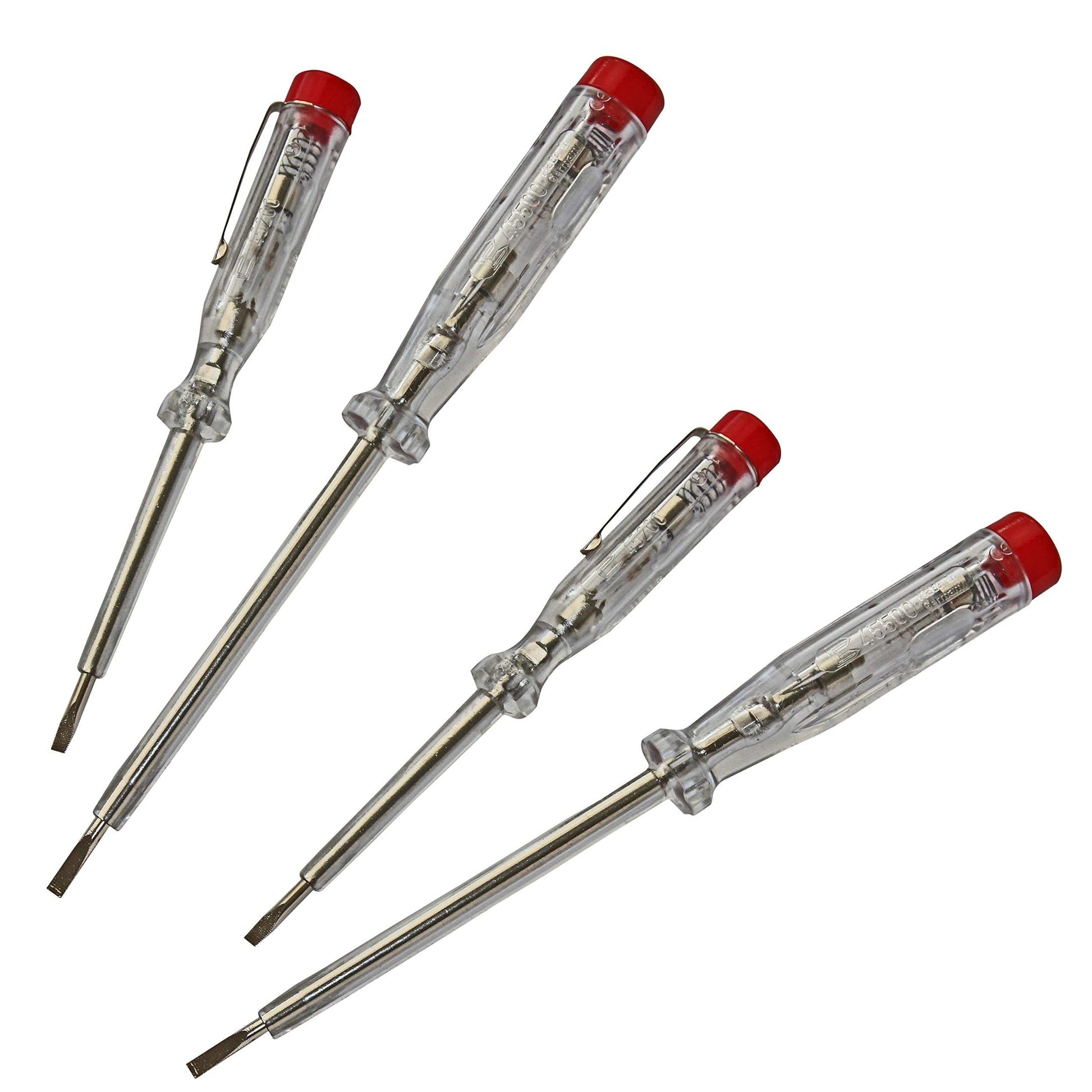 H+H 45200 45500 VDE Standard Tester 45200/45500 Voltage Tester/Phase Tester Set up to 250 V 4 Pieces (2X 45200 / 2X 45500) GS Tested 0680 Made in Germany, Transparent/red, 2X 140 mm / 2X 190 mm - Medaid International