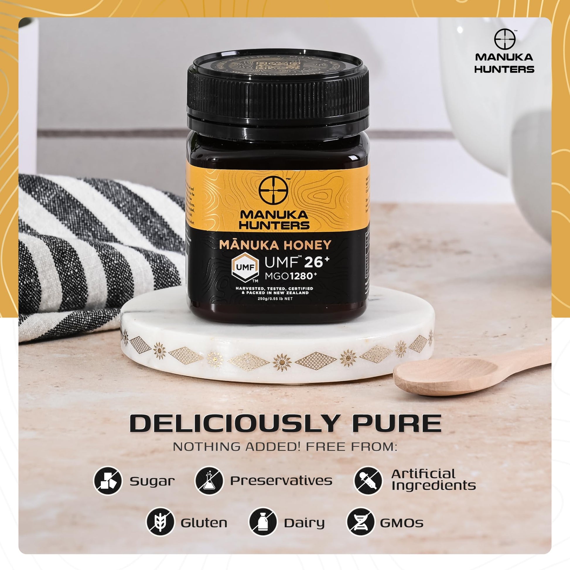 Manuka Hunters UMF 26+/MGO 1280+ Certified New Zealand Manuka Honey - 100% Pure Natural Sweetener - Gluten, Dairy Free - Ideal for Tea, Coffee, Smoothies, and Baking - Sustainable - 8.8oz/250g Jar - Medaid International