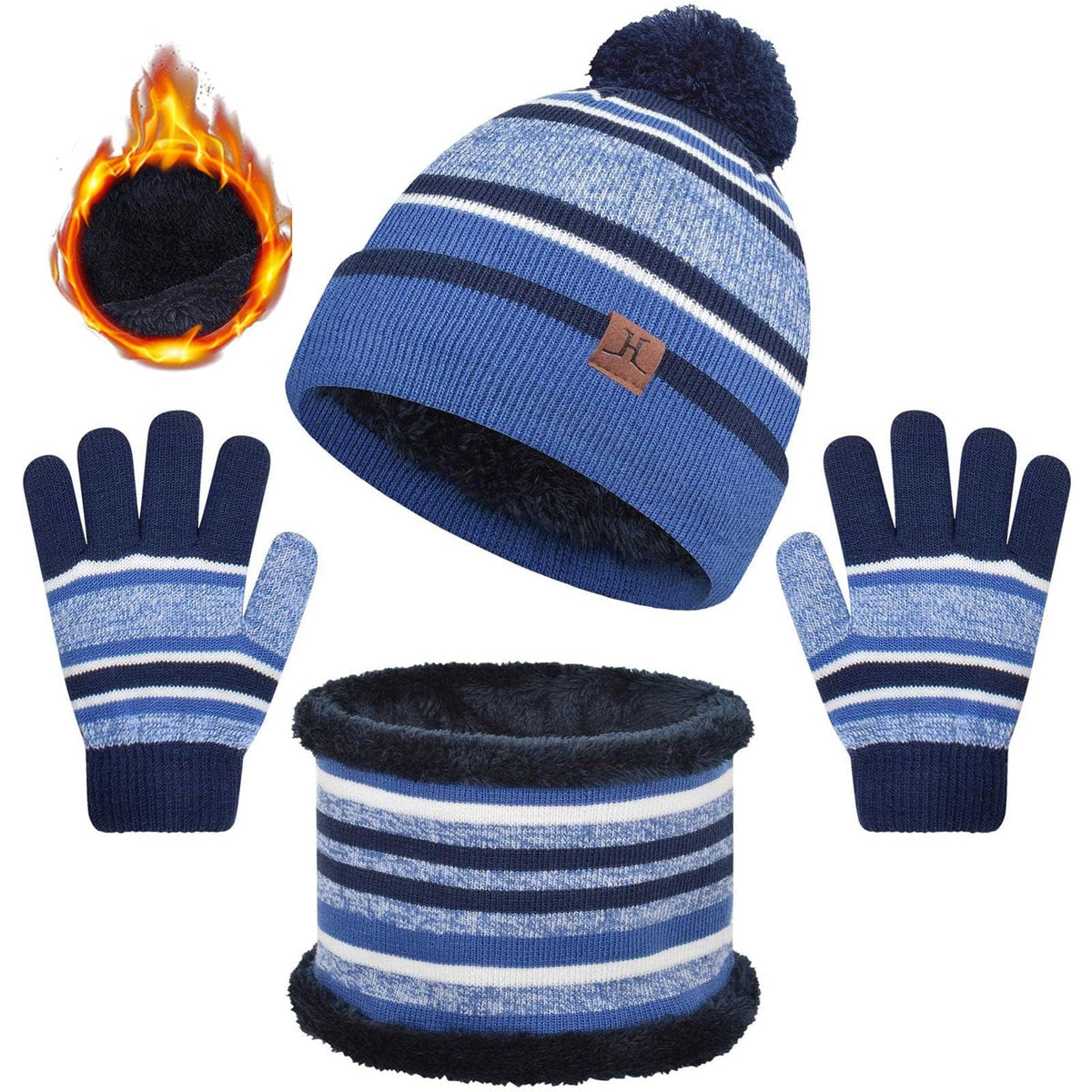 Kids Warm Beanie Hat Scarf Gloves Set 3 in 1 Thermal Knit Hat Scarf Gloves Set Winter Accessories Sets Snood Scarf Gloves Set with Double Layer Fleece Lining Boys Girls