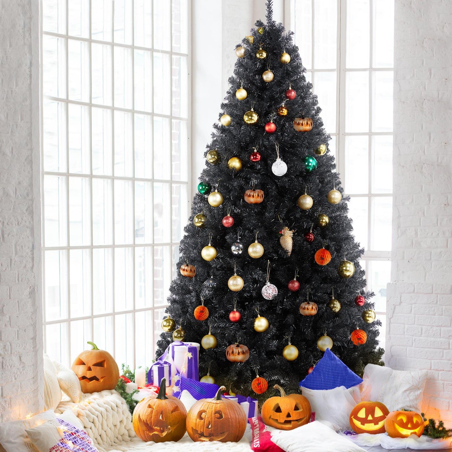 Yaheetech 7.5ft Black Artificial Christmas Pine Tree Seasonal Holiday Carnival Home Party Decoration for Home, Office Indoor Outdoor with 1749 Branch Tips and Foldable Stand - Medaid International