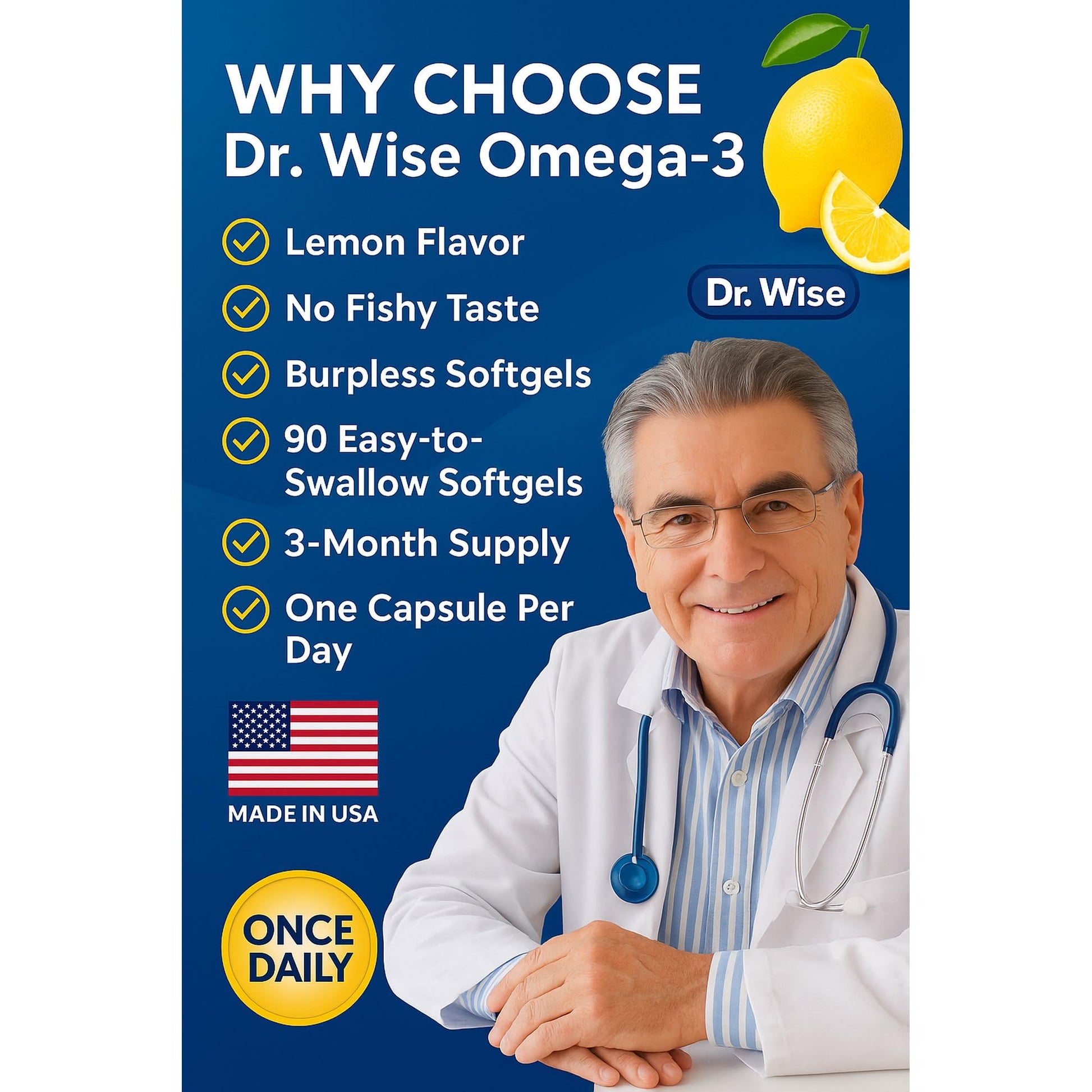 Triple Strength Omega 3 Fish Oil 3600mg – 1300mg EPA & 860mg DHA- Once Daily – Burpless Lemon Flavor, – Supports Heart, Brain, Joint & Eye Health – Wild Caught, Non-GMO, 90 Softgels, 3-Month Supply - Medaid International