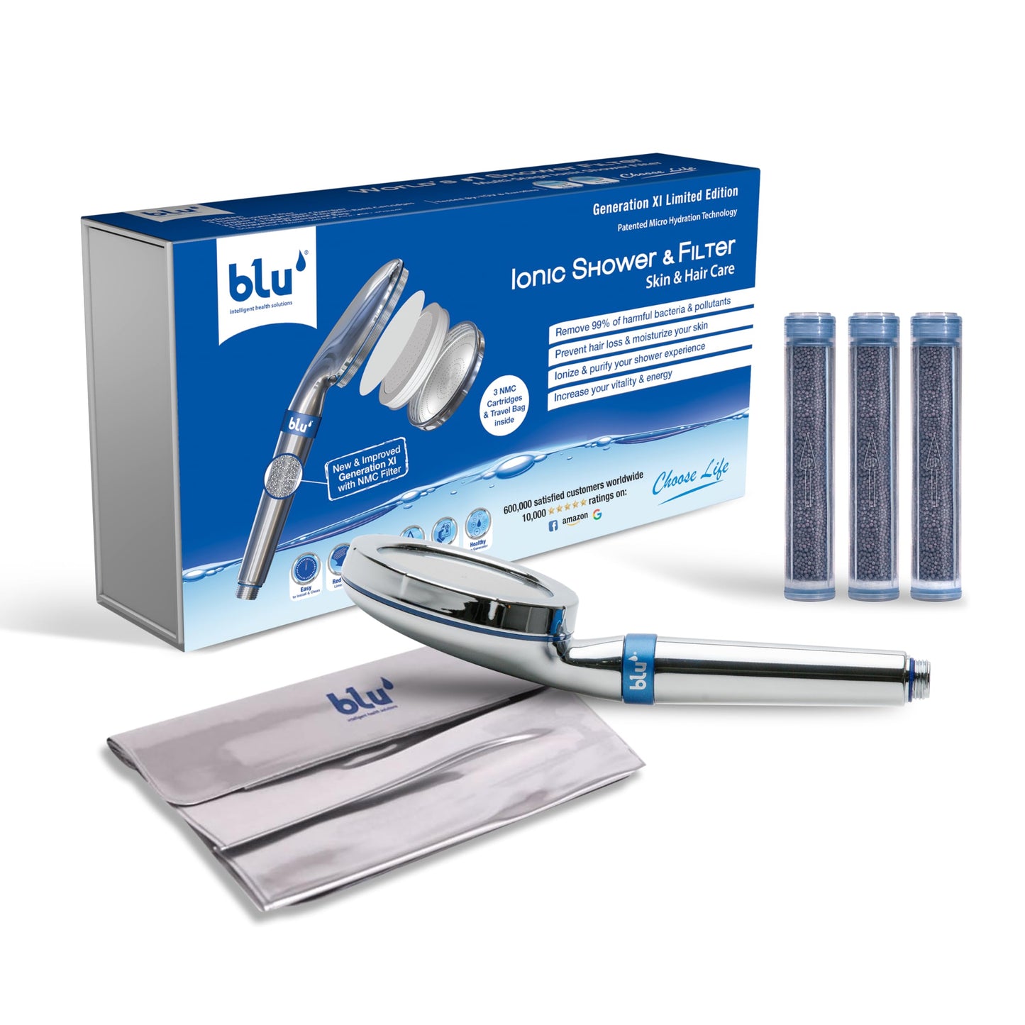 Blu Ionic Shower Filter - Skin & Haircare - Removes Chlorine & Harmful Pollutants - Prevent Hair Loss & Moisturize Your Skin - Handheld - Chrome