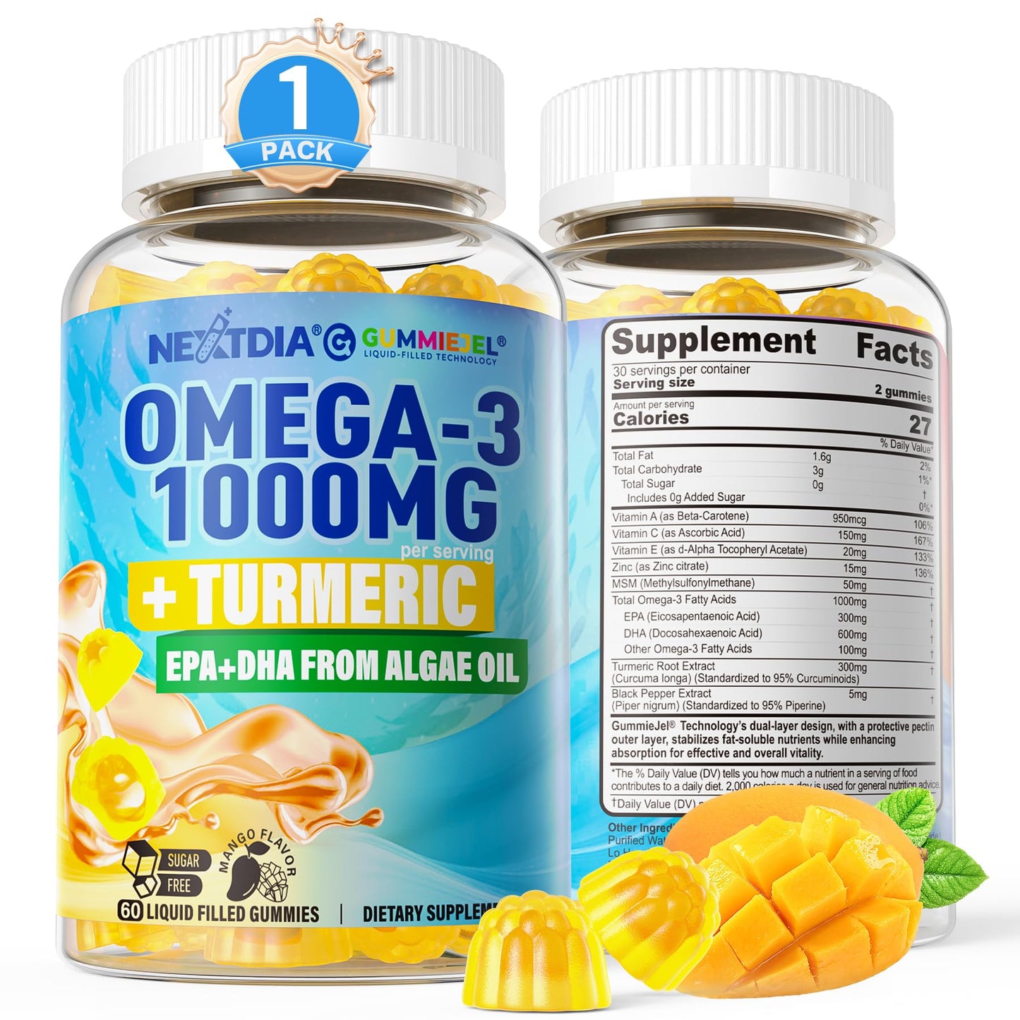 Vegan Omega-3 Gummies 1000mg + Turmeric - Omega 3 Fish Oil Alternative for Adults - Algae DHA 600mg & EPA 300mg, Vitamins A, C, E, Zinc & MSM, Sugar Free, 60 Cts - Medaid International