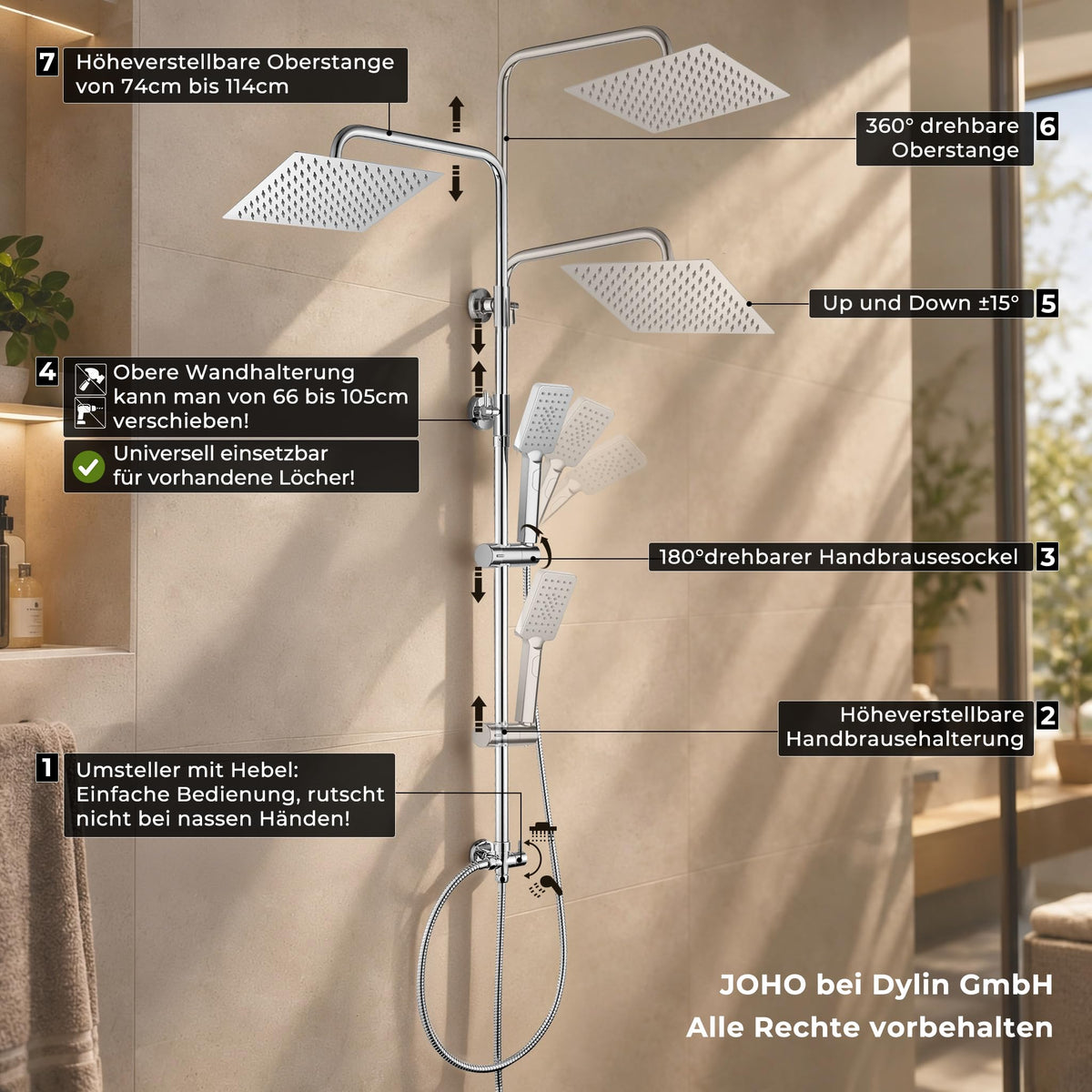 JOHO 304 Stainless Steel Shower Set Rain Shower System with Shower Head (Shower Set with Shower Head Square 20 x 20 cm)