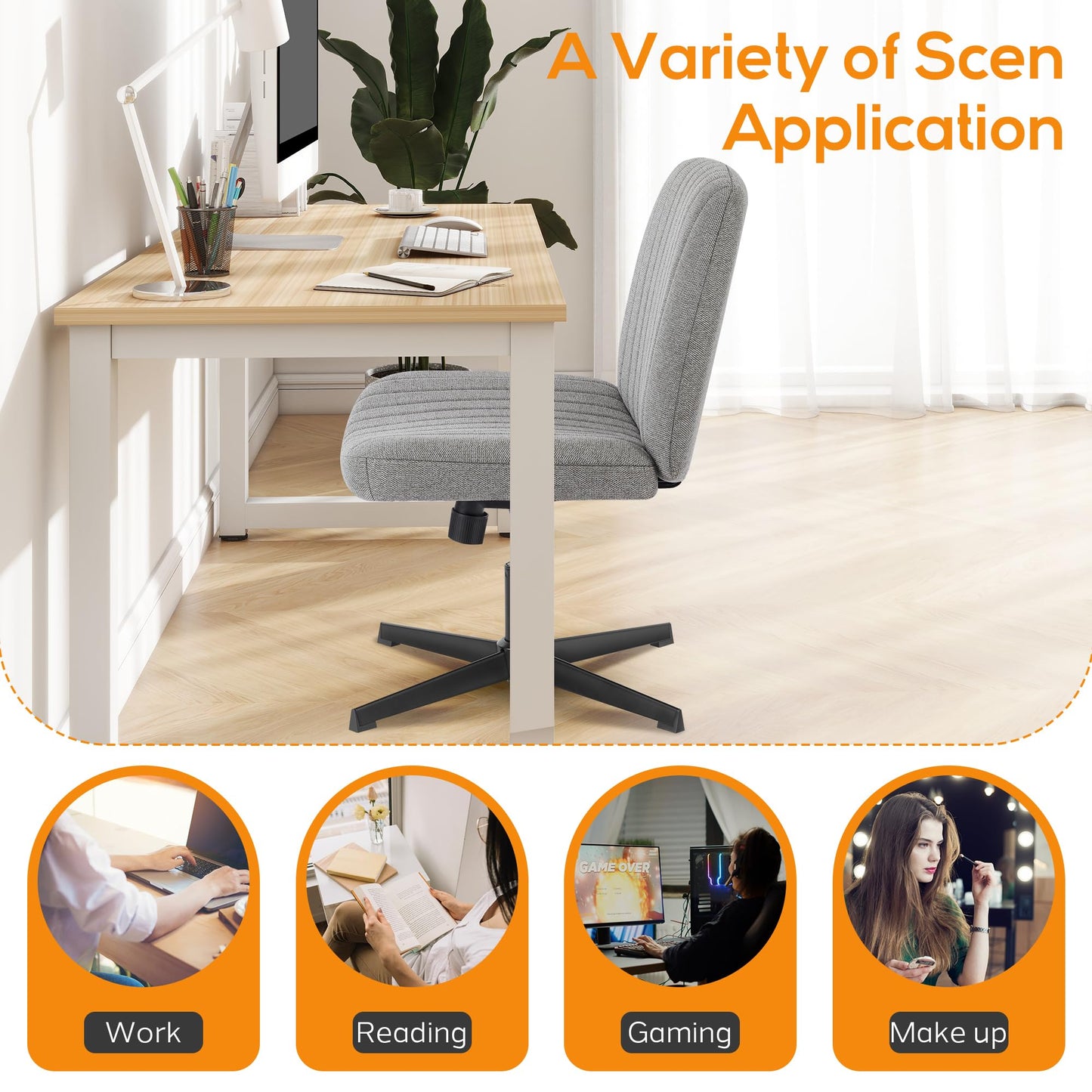 DUMOS Criss Cross Chair Legged Office Wide Comfy Desk Seat, No Wheels Armless Computer Task Seating, Swivel Vanity Home Height Adjustable - Medaid International