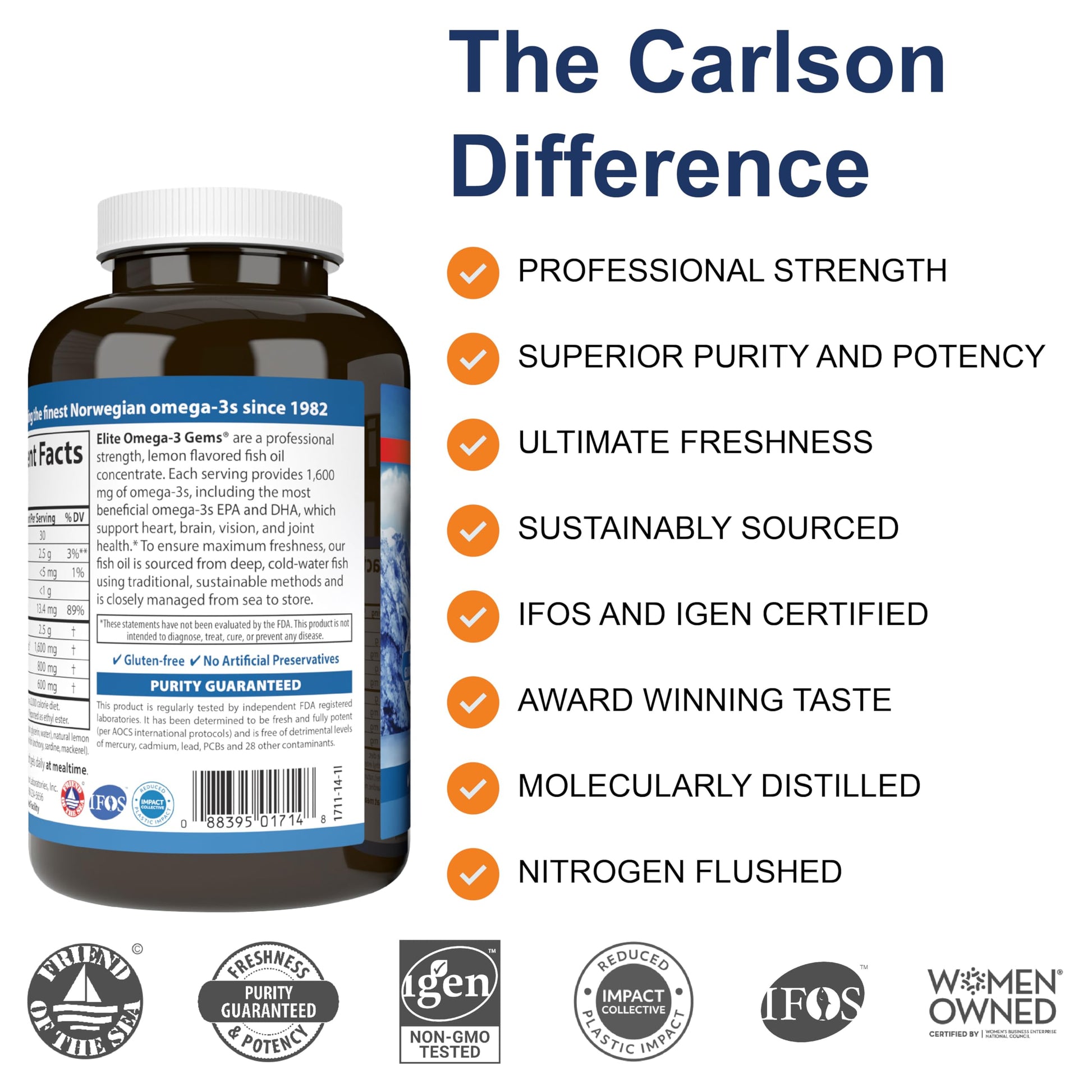 Carlson Elite Omega-3 Gems 1600 mg Omega 3 Fatty Acids Including EPA & DHA - Norwegian, Wild-Caught Sustainably Sourced Fish Oil Supplement, Omega 3 Fish Oil Capsules Lemon - 90+30 Softgels - Medaid International