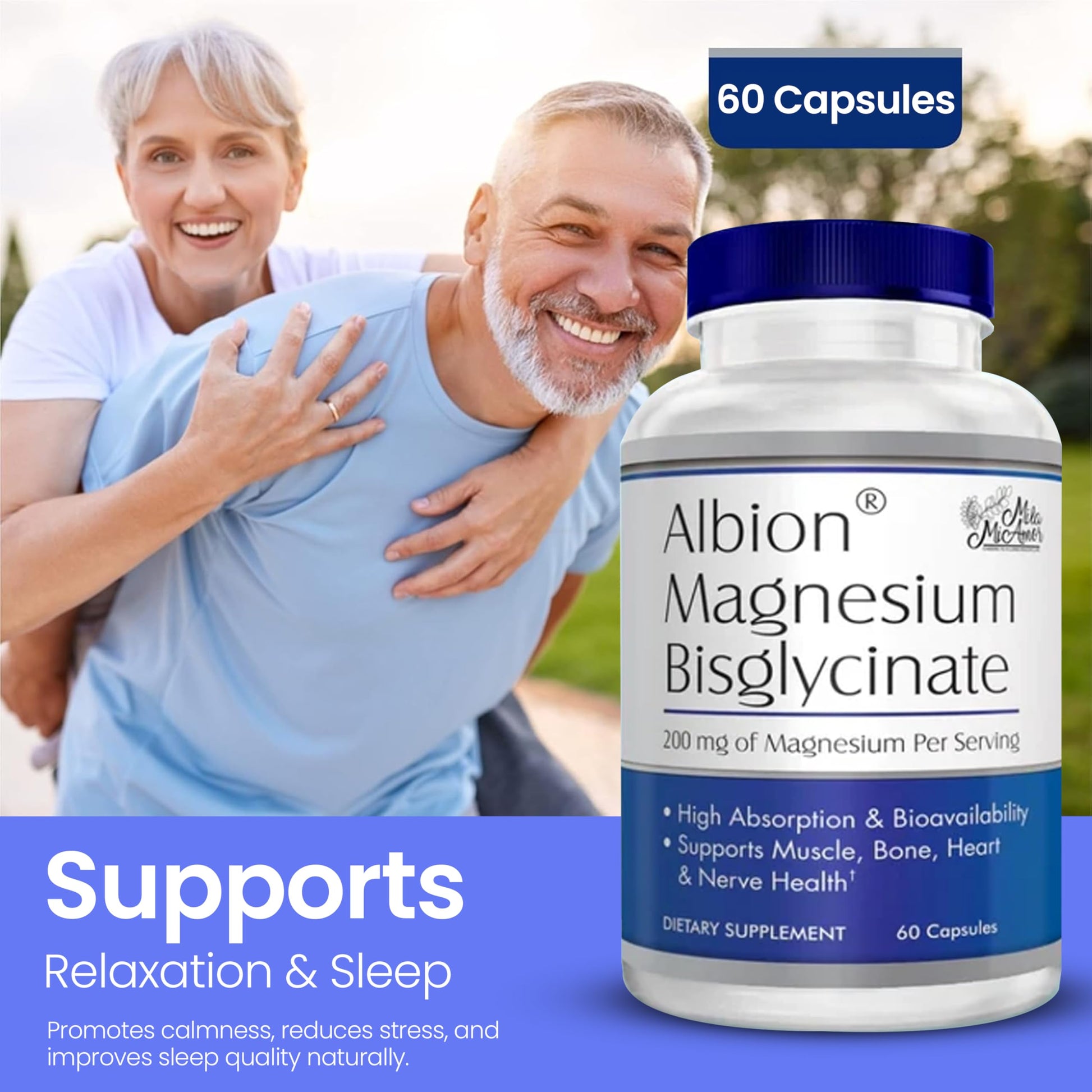 MilaMiAmor Albion® Magnesium Bisglycinate – Highly Absorbable Chelated Magnesium for Muscle, Nerve, Relaxation & Sleep Support – Gentle on Stomach, Vegan – 200mg per Serving, 60 Capsules - Medaid International