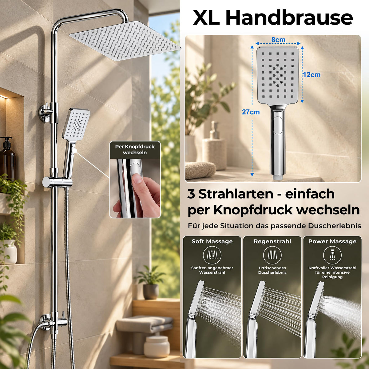 JOHO 304 Stainless Steel Shower Set Rain Shower System with Shower Head (Shower Set with Shower Head Square 20 x 20 cm)