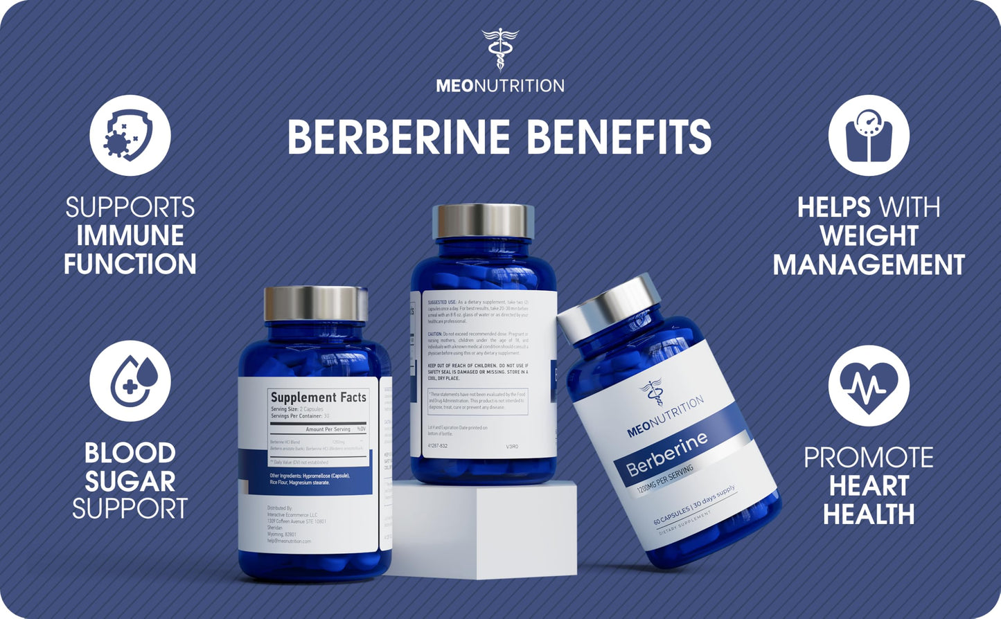 Meo Nutrition Berberine Supplement 1200mg HCI - 60 Capsules, 3rd Party Lab Tested, Non-GMO, GMP Certified - Supports Metabolic Health & Overall Wellness - Medaid International