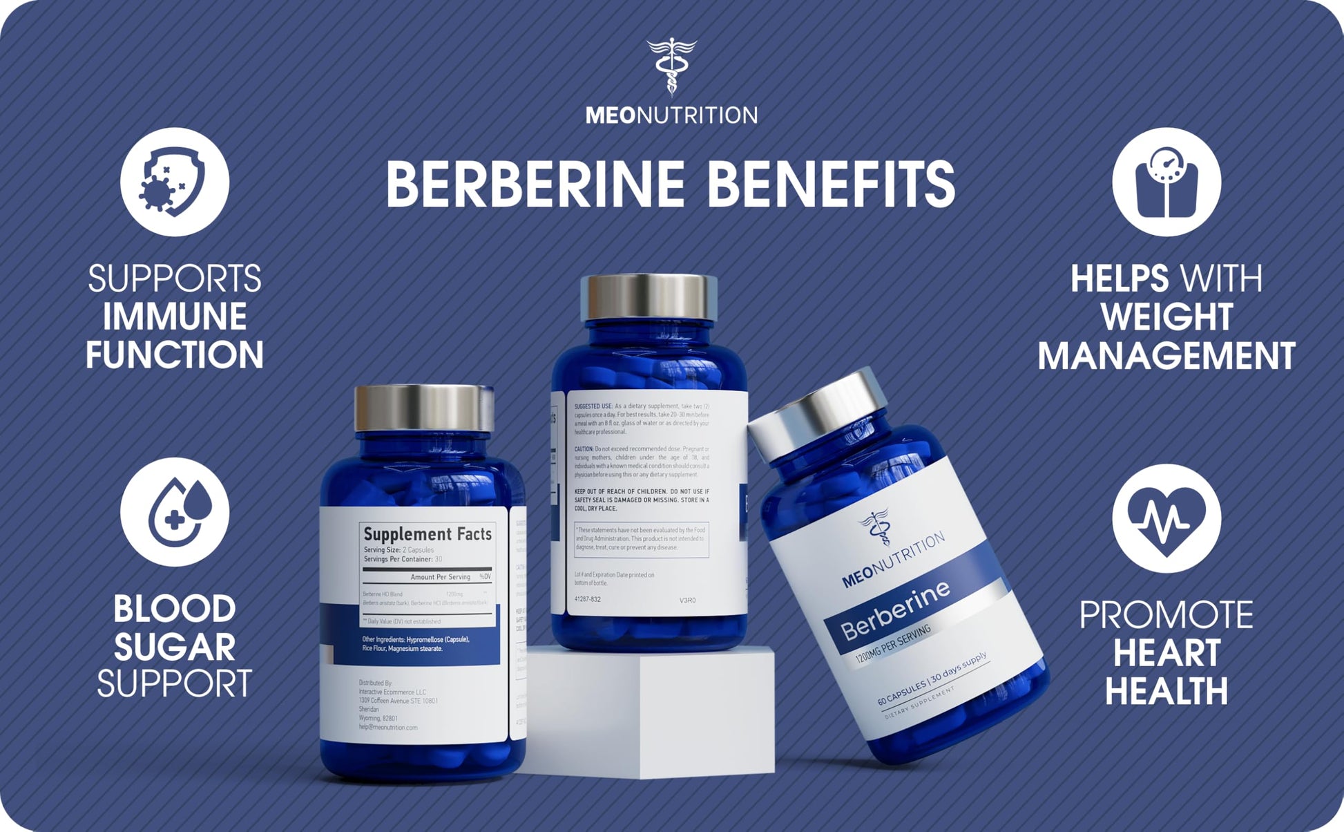 Meo Nutrition Berberine Supplement 1200mg HCI - 60 Capsules, 3rd Party Lab Tested, Non-GMO, GMP Certified - Supports Metabolic Health & Overall Wellness - Medaid International