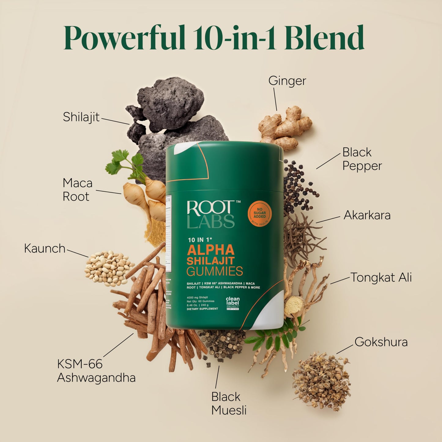 ROOT LABS 10-in-1 Alpha Shilajit Gummies | 4000 mg Pure Himalayan Shilajit, Tongkat Ali, Maca Root, 75% Fulvic Acid | ShilAbsorb Bioavailability Tech | Sugar-Free Vegan, 85+ Trace Minerals | 60 Pack - Medaid International