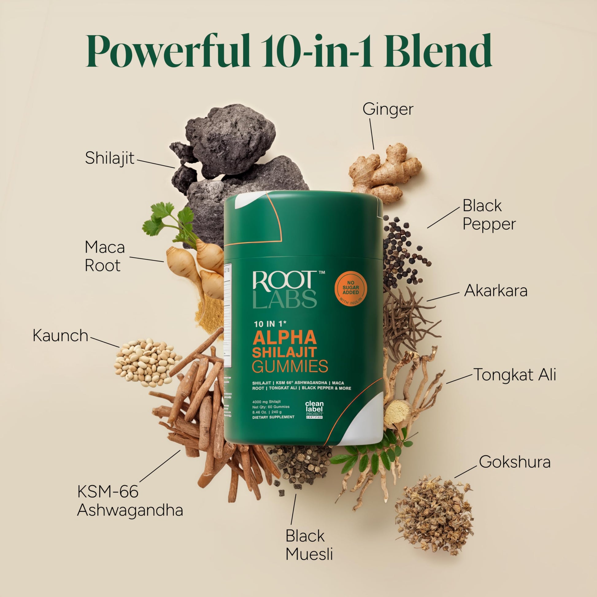 ROOT LABS 10-in-1 Alpha Shilajit Gummies | 4000 mg Pure Himalayan Shilajit, Tongkat Ali, Maca Root, 75% Fulvic Acid | ShilAbsorb Bioavailability Tech | Sugar-Free Vegan, 85+ Trace Minerals | 60 Pack - Medaid International