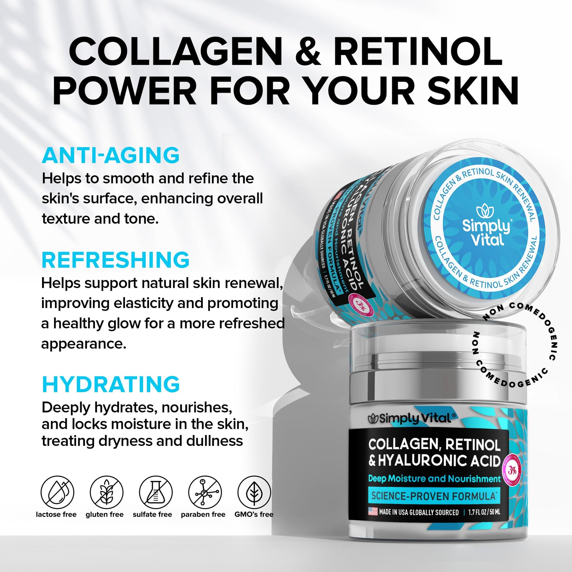 SimplyVital Collagen, Retinol & Hyaluronic Acid Cream - Anti-Aging Face Moisturizer for Face, Firming Skin Care Neck & Décolleté - Made in USA, Daily Moisturizer Face Cream Day & Night - 1.7 fl.oz. - Medaid International
