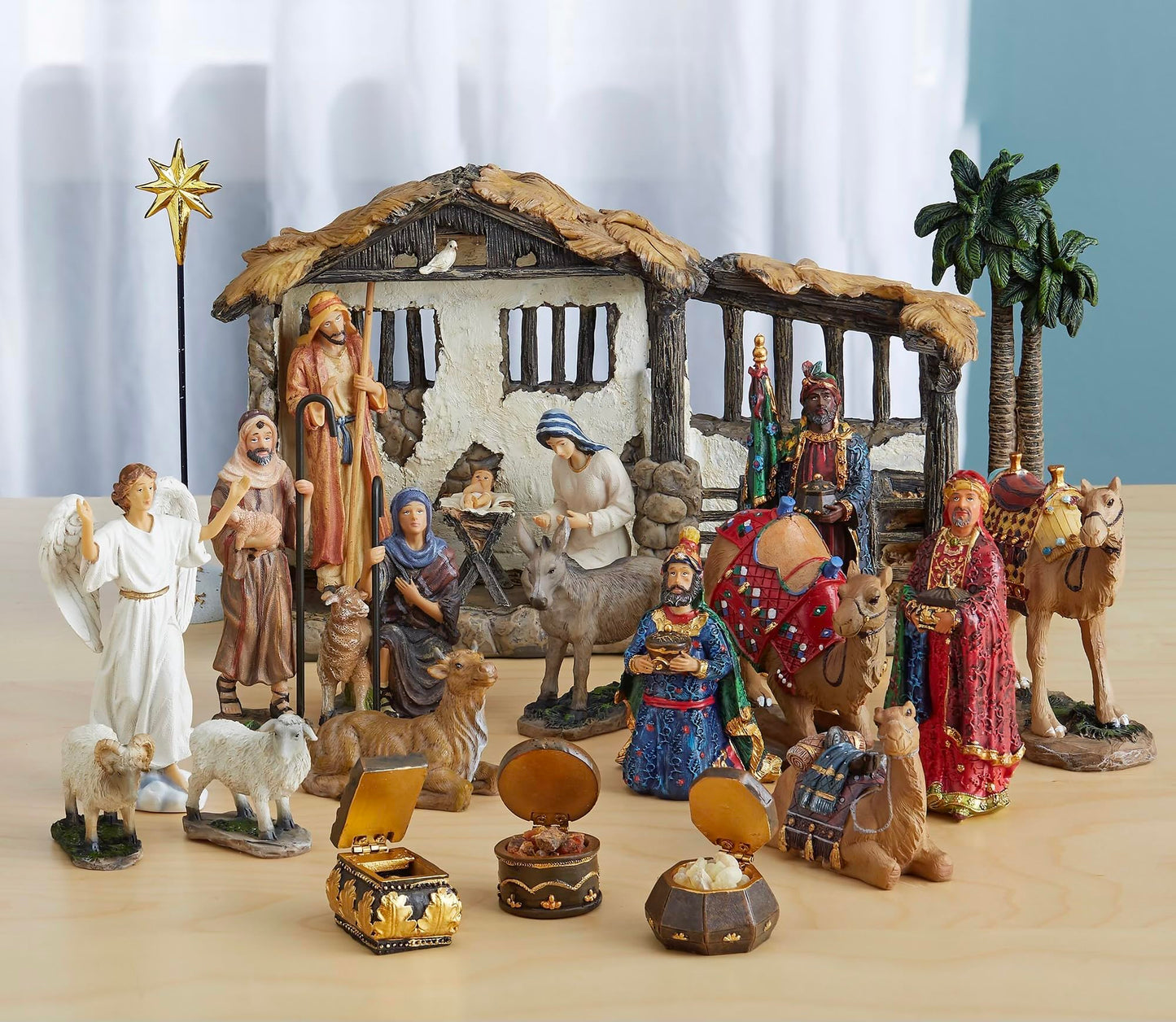 Three Kings Gifts Nativity Set for Christmas Indoor 23 Piece 5 Inch Figures with Lighted Stable, Palm Tree and Chests of Gold, Frankincense and Myrrh - Medaid International