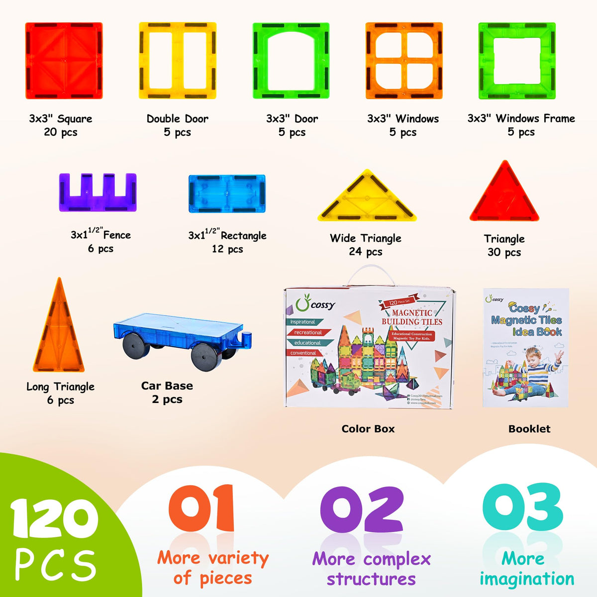 cossy 120Pcs Magnetic Tiles Magnetic 3D Building Blocks Set Educational Construction Toys for 3+ Year Kids with Educational Toys, Recreational, Conventional