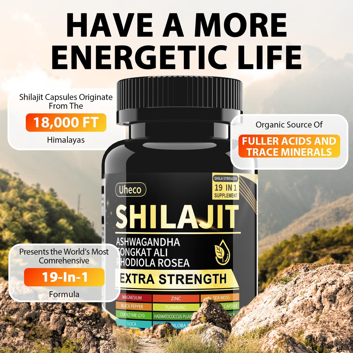 Uheco Shilajit Supplement with Sea Moss, Ashwagandha, Tongkat Ali - Shilajit Pure Himalayan Organic Fulvic Acid Capsules - 90 Count - Medaid International