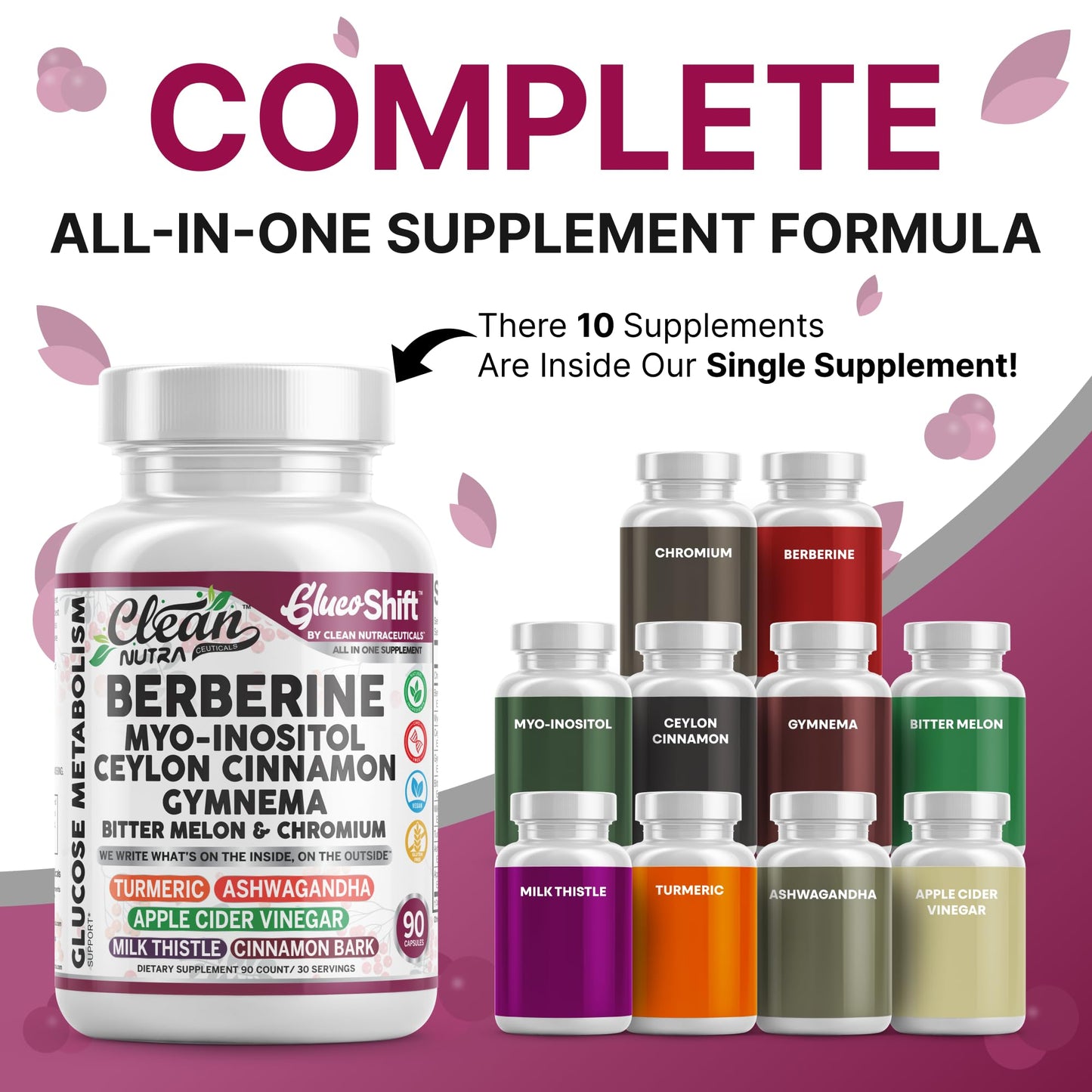 Clean Nutra Berberine Supplement with Ceylon Cinnamon Myo-Inositol Gymnema Bitter Melon & Chromium | Berberine HCI Root Extract Complex | 90 Capsules | Vegan, Gluten-Free, Non-GMO - Medaid International