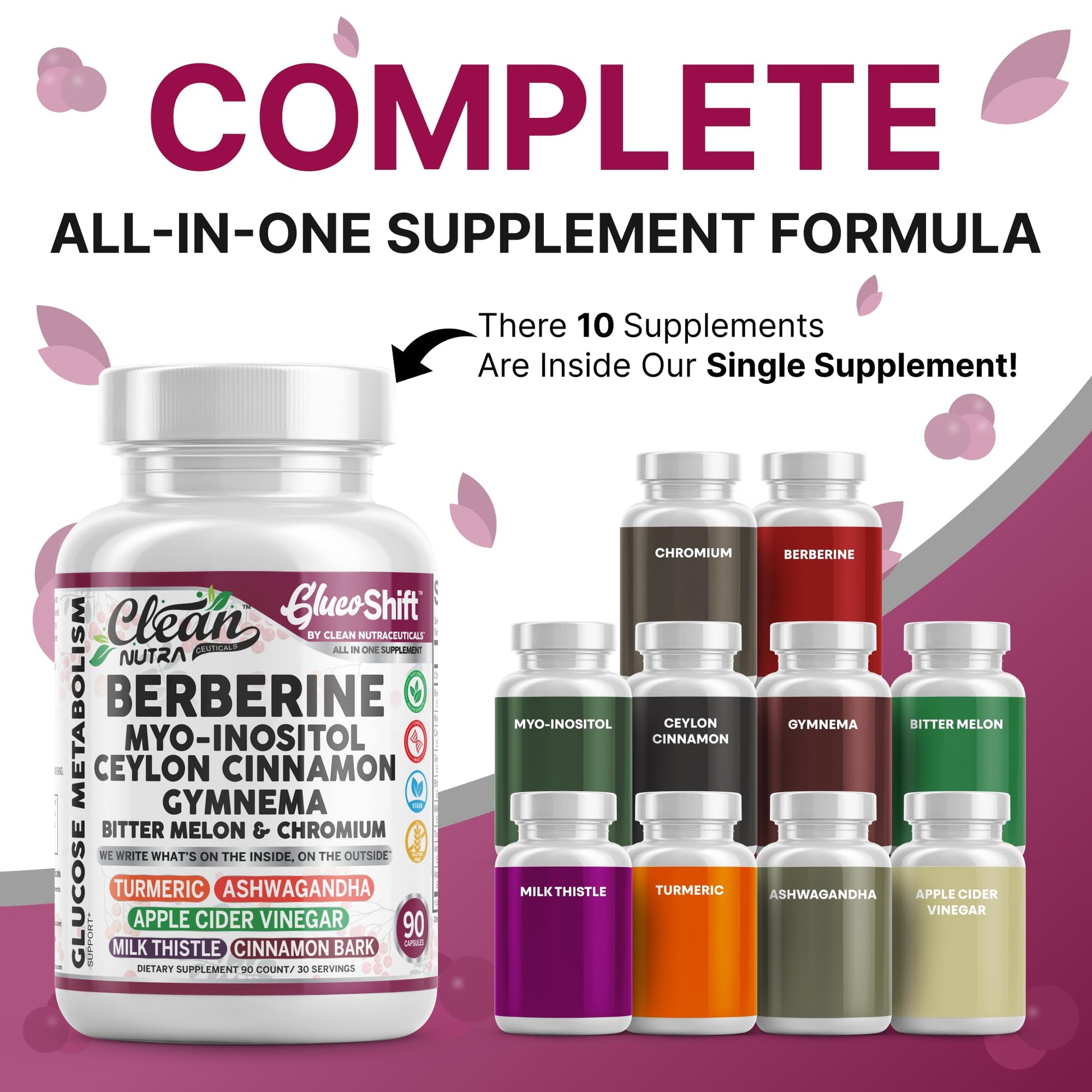 Clean Nutra Berberine Supplement with Ceylon Cinnamon Myo-Inositol Gymnema Bitter Melon & Chromium | Berberine HCI Root Extract Complex | 90 Capsules | Vegan, Gluten-Free, Non-GMO - Medaid International
