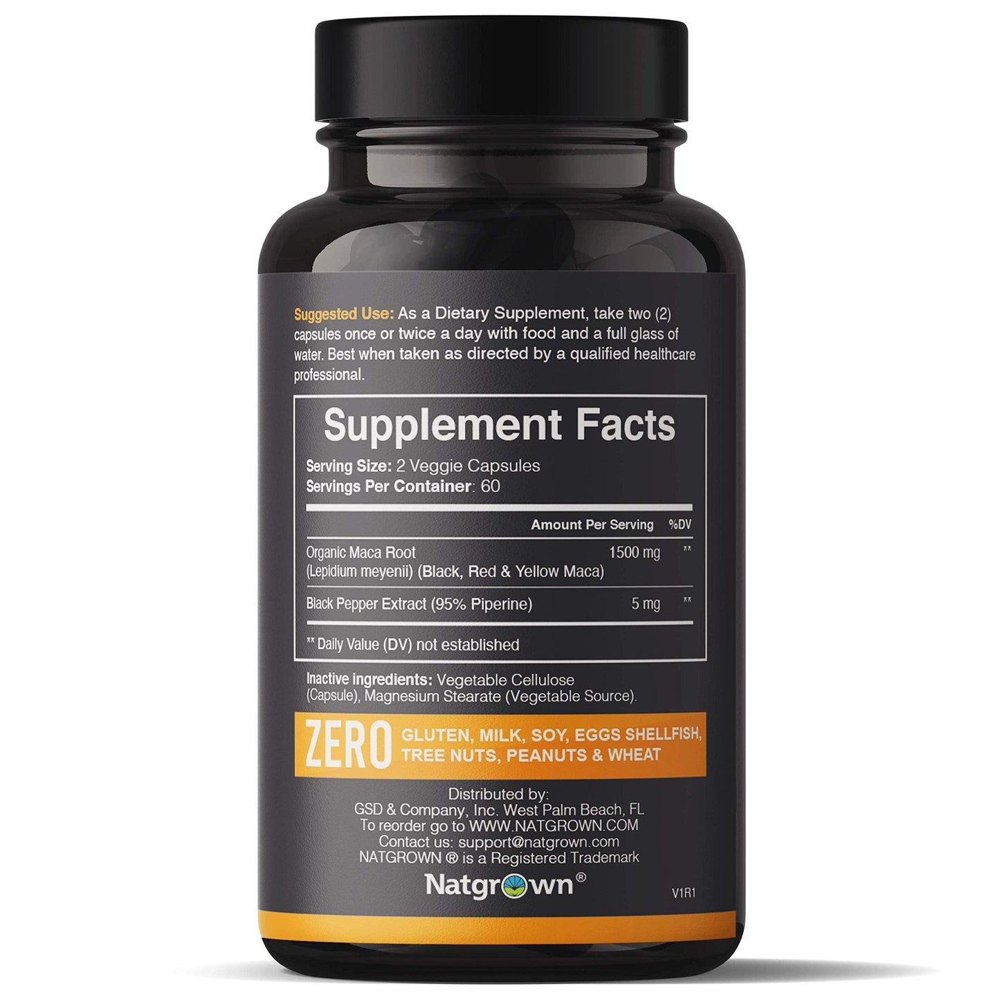 Natgrown Organic Maca Root Powder Capsules 1500 mg with Black + Red + Yellow Peruvian Maca Root Extract Supplement for Men and Women - Vegan Pills - Medaid International