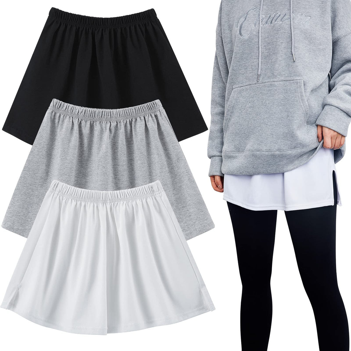 TERRIFI 3 Pieces Adjustable Layering Fake Top Lower Sweep Skirt Half-Length Splitting Mini Skirt Hemline Shirt Extender for Women（M）