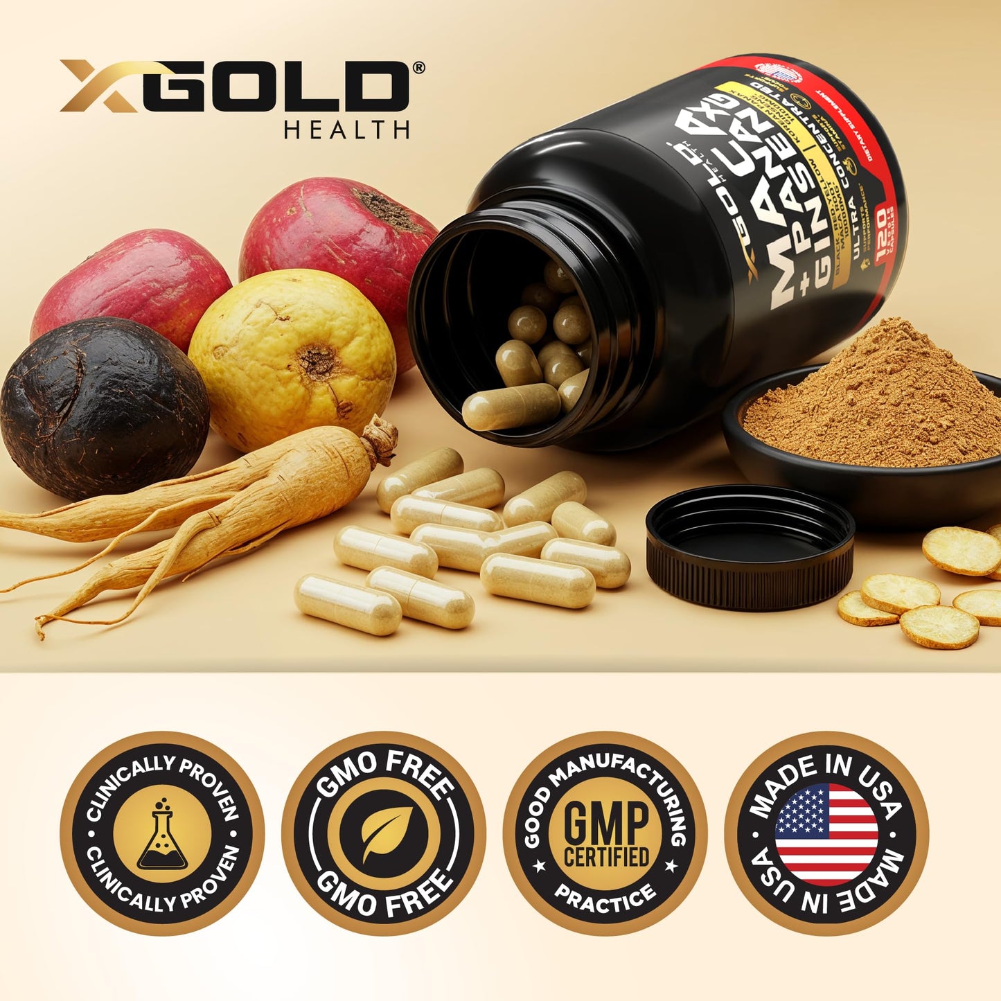 Maca Root Capsules 10,000mg + Korean Panax Ginseng 1,400mg - 20x Concentrated Extract Black + Red + Yellow Maca Root, 10x Concentrated Extract Panax Ginseng Capsules - Ultra Potent & Highly Purified - Medaid International