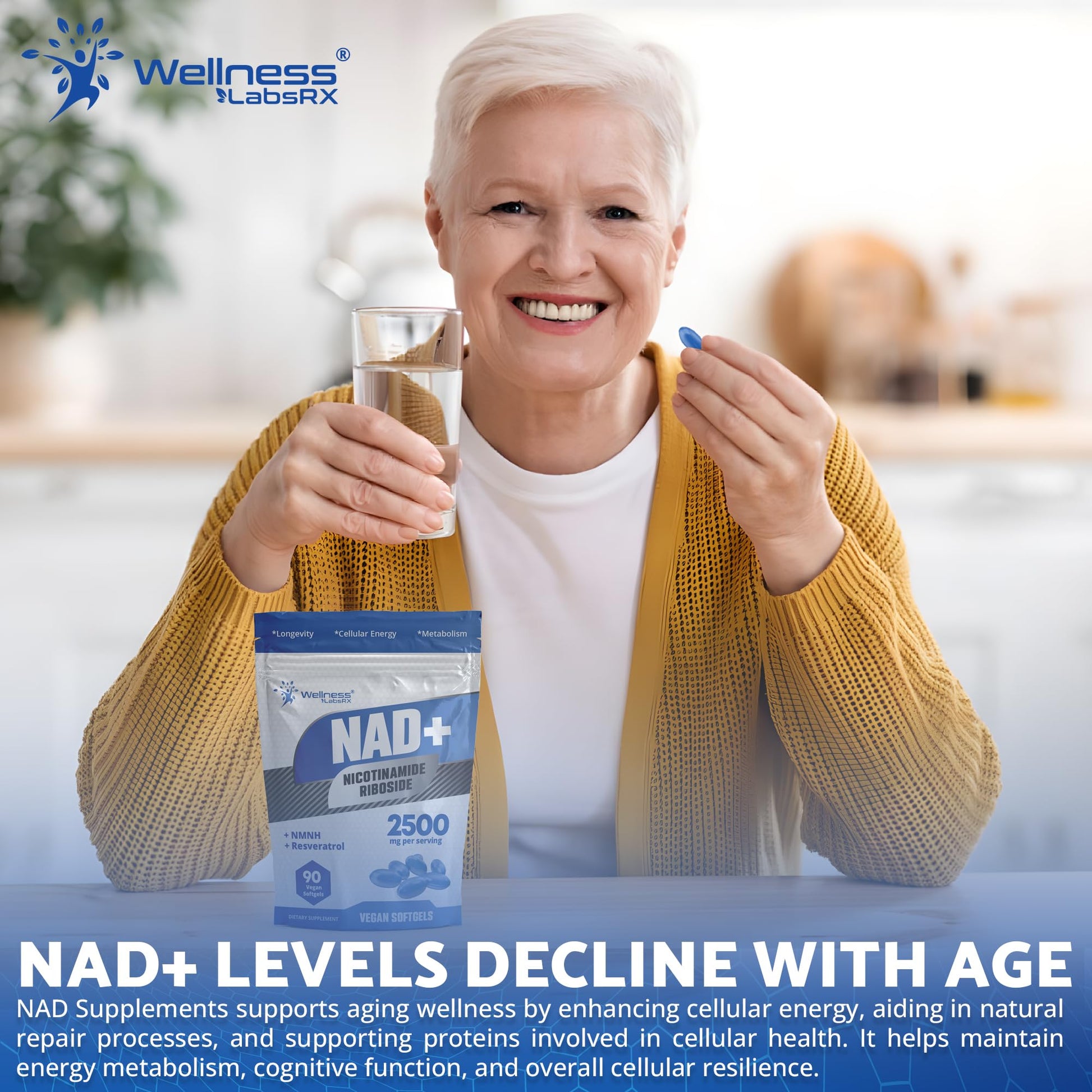 WELLNESS LABSRX Liposomal NAD+ Supplement - Third-Party Tested NAD Softgels Nicotinamide Riboside Resveratrol - 2500mg Liposomal NAD Supplements for Women - Longevity Support - Made in USA - Medaid International