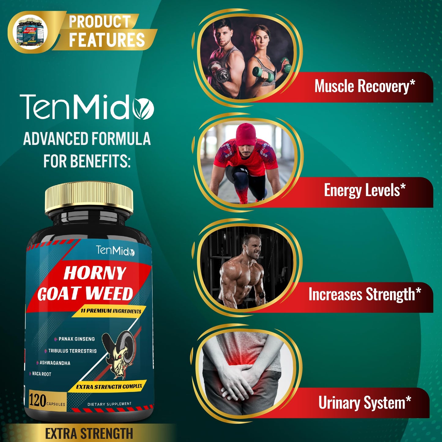Tenmido Horny Goat Weed Extract Capsules 10000mg & Ginseng, Tribulus, Ashwagandha, Maca, Tongkat and More, 120caps - Medaid International