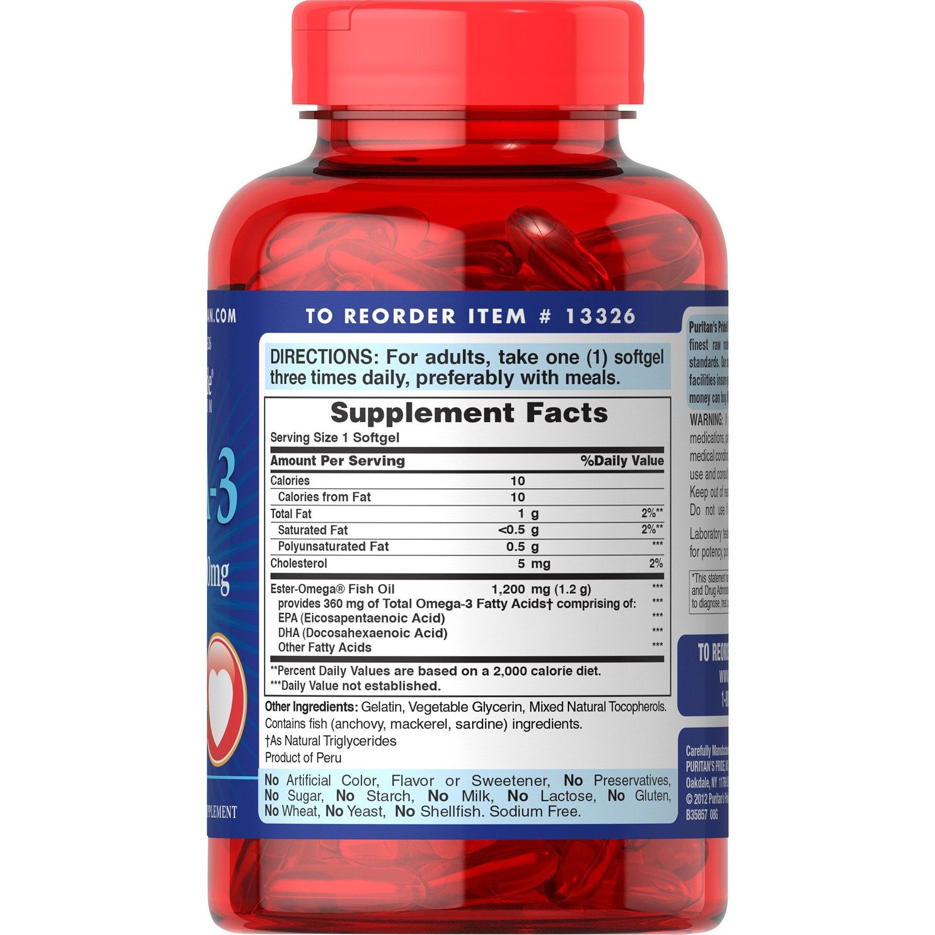Puritan's Pride Omega-3 Fish Oil 1200 mg (360 mg Active Omega-3) - 100 Softgels - Medaid International