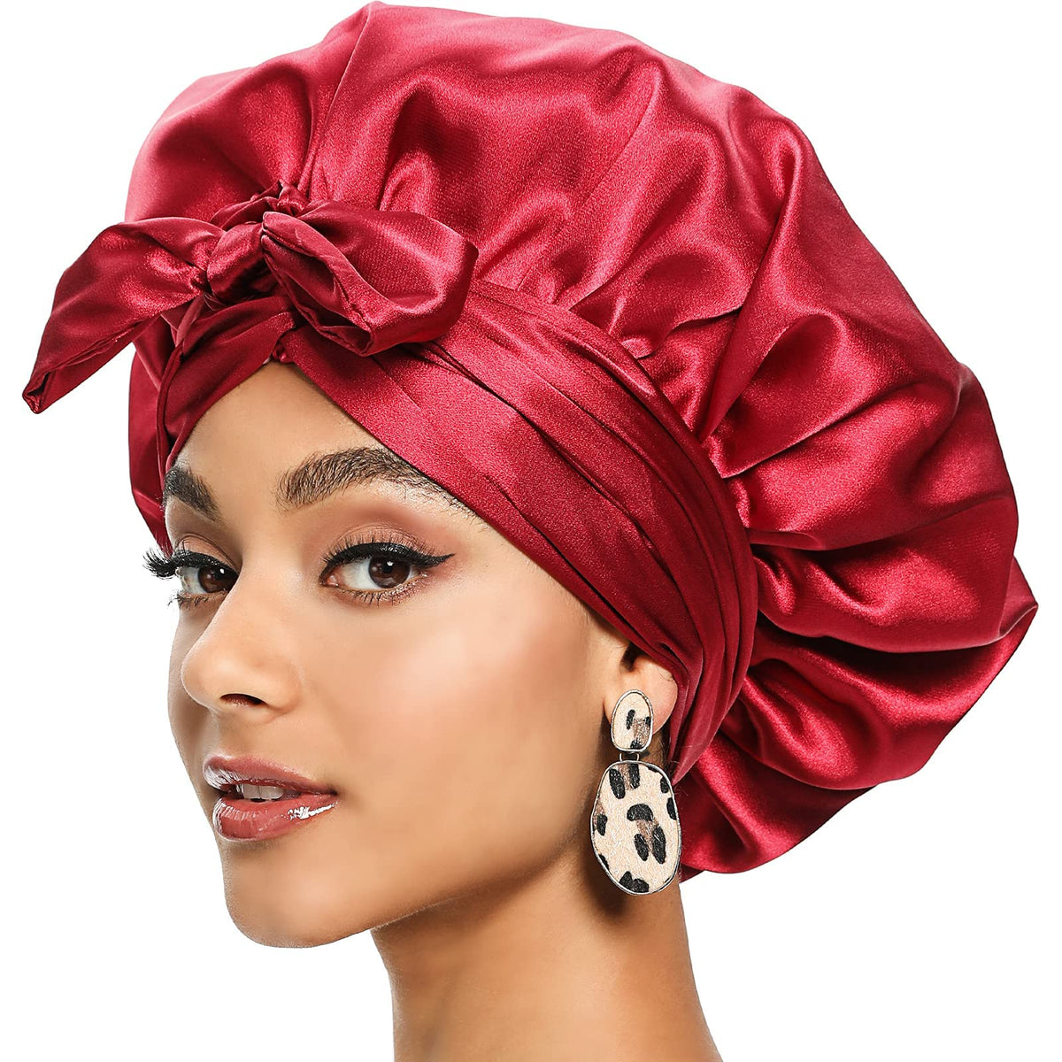 Satin Bonnet for Black Women, KASTWAVE Jumbo Silk Bonnet for Curly Hair, Silk Hair Wrap for Sleeping, Satin Bonnet with Stretchy Tie Band, Silk Bonnet for Curly Hair Wraps for Sleeping (Black)