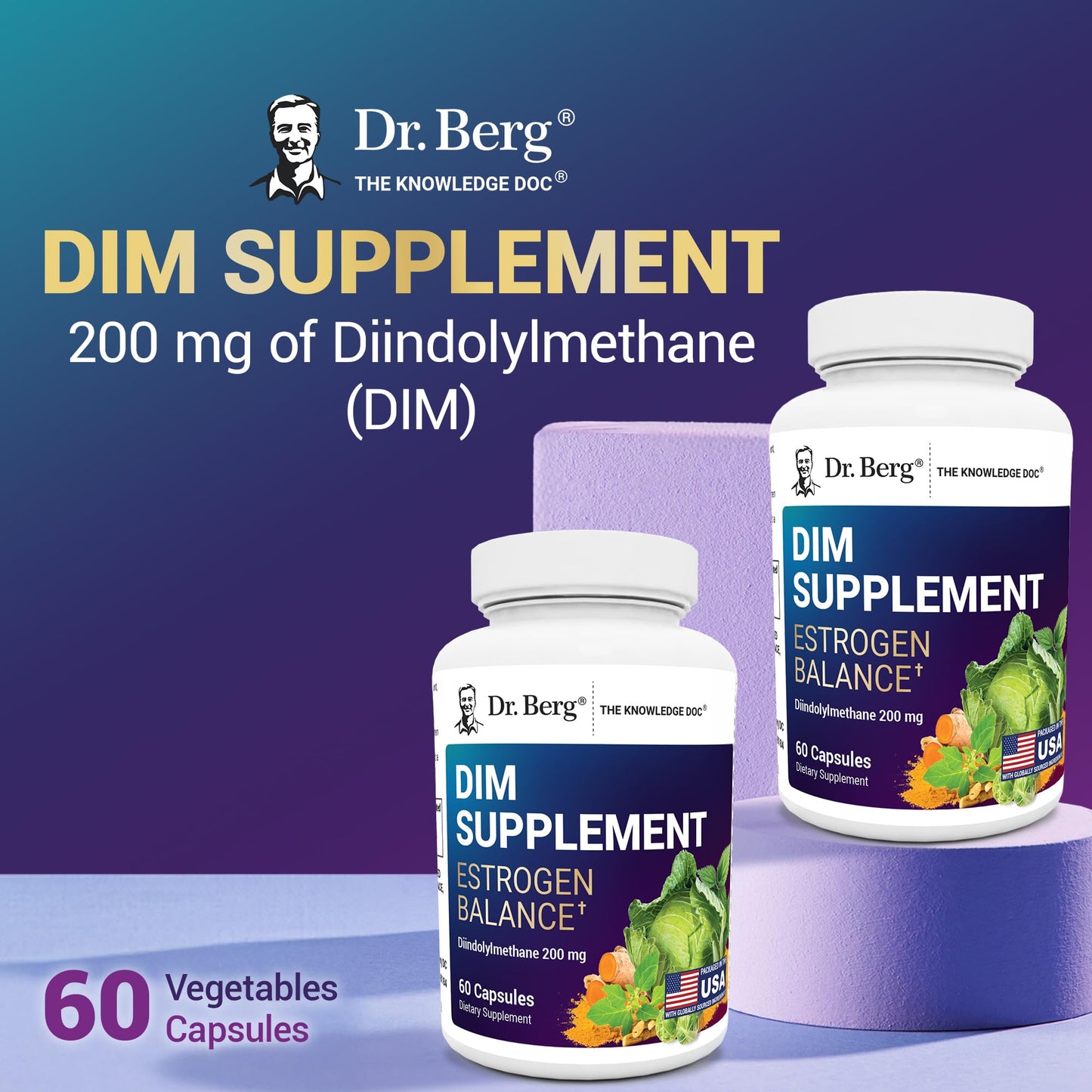 Dr. Berg DIM Supplement Estrogen Balance - Original Estrogen Supplement for Women with Diindolylmethane for Menstrual Symptoms & Menopause Relief & Black Pepper for Enhanced Absorption - 60 Capsules - Medaid International