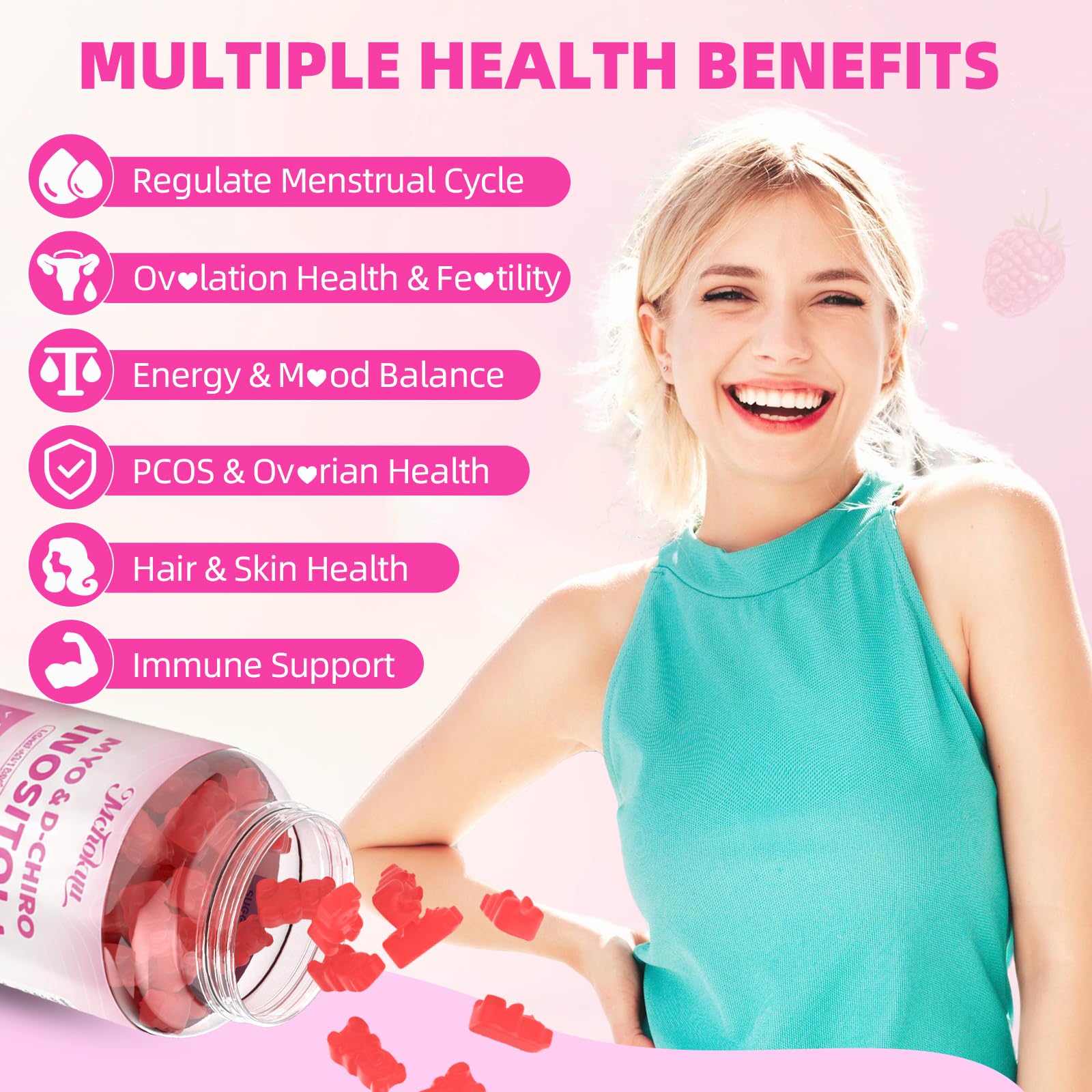 Mchokuu Myo-Inositol & D-Chiro Inositol Gummies, Ideal 40:1 Ratio Supplement for Women 2000mg 50mg with Vitamin D3 B12 for Hormonal Balance & Ovarian Health, Sugar Free, Raspberry Flavor, 60 Count - Medaid International