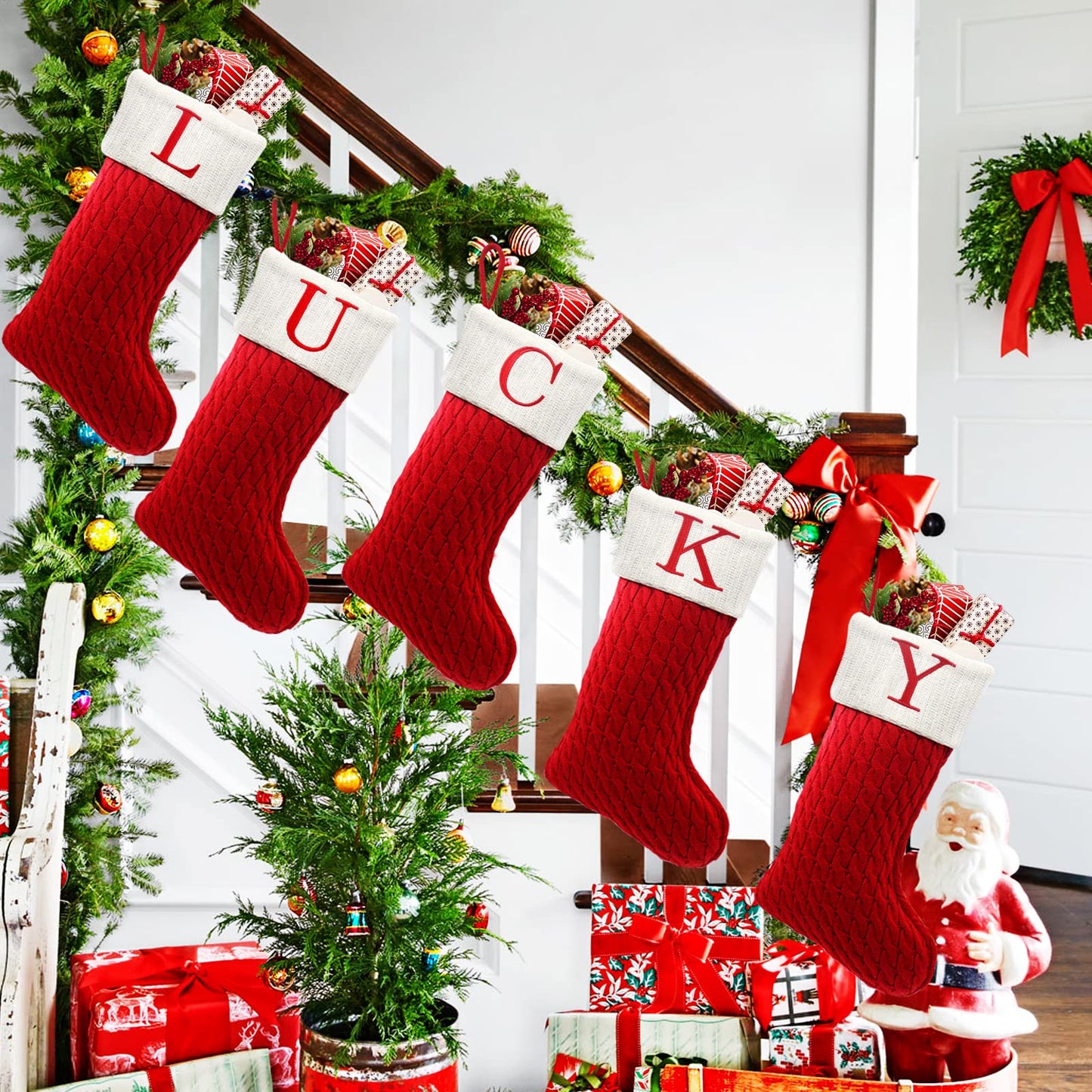 ZOEA 20 Inches Christmas Stockings with Initials, Large Embroidered Letter Knit Christmas Stocking for Family Holiday Decorations and Xmas Gift (L, Red) - Medaid International
