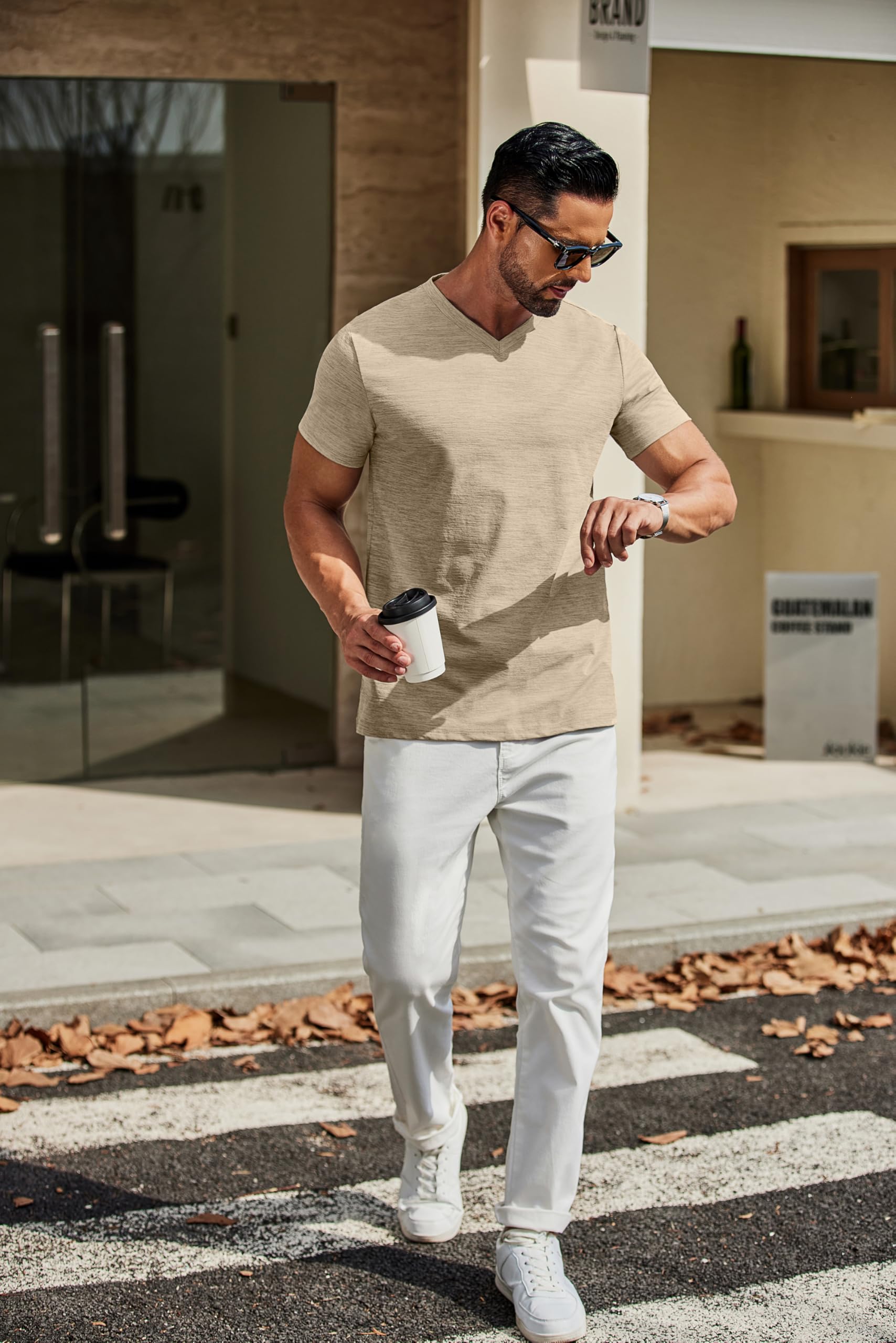 COOFANDY Men's T Shirts Short Sleeve Classic V Neck T-Shirt Casual Summer Basic Tee Shirt Khaki - Medaid International