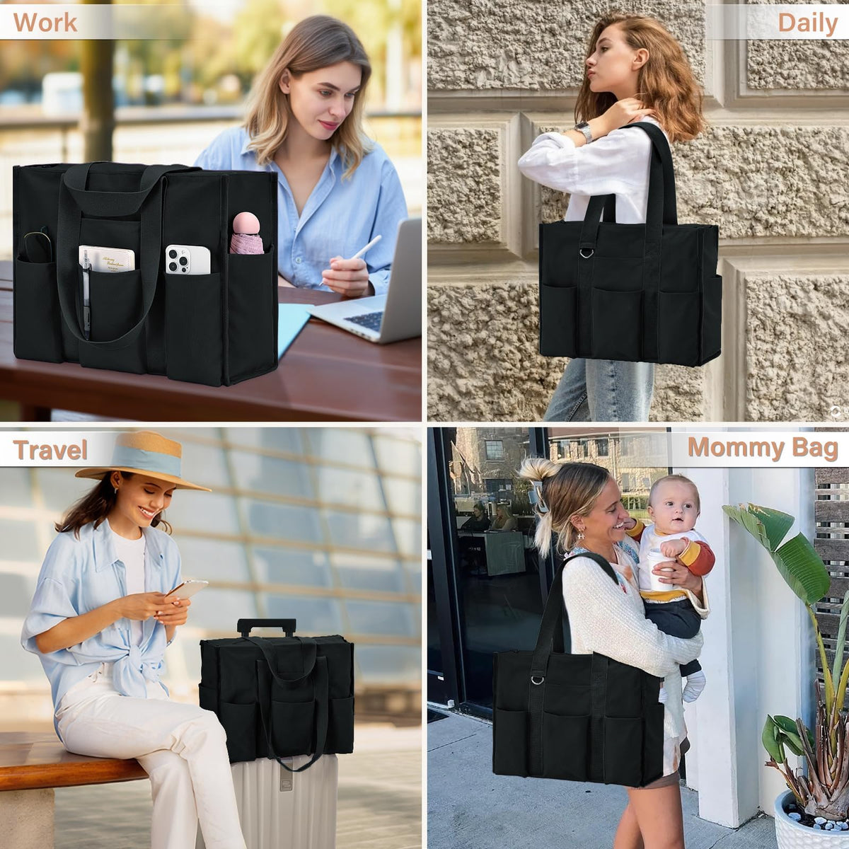 TERRIFI Large Tote Bag for Women, Waterproof with 12 Pockets Top Zipper Closure, Versatile Travel Shoulder Bag, Utility Teacher Nurse Bag for Work School (Black)